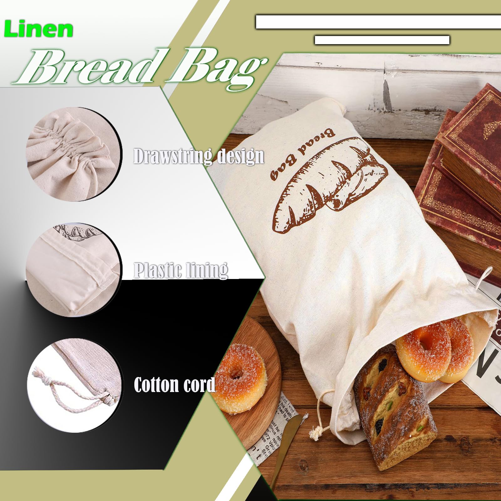 Brotbeutel mit Innenfutter, 2 Stück, wiederverwendbare Leinen-Brotaufbewahrungstaschen, 29,8 x 29,2 cm, hausgemachter Brötchenbehälter, doppelter Kordelzug-Verschluss für Obst und Baguette