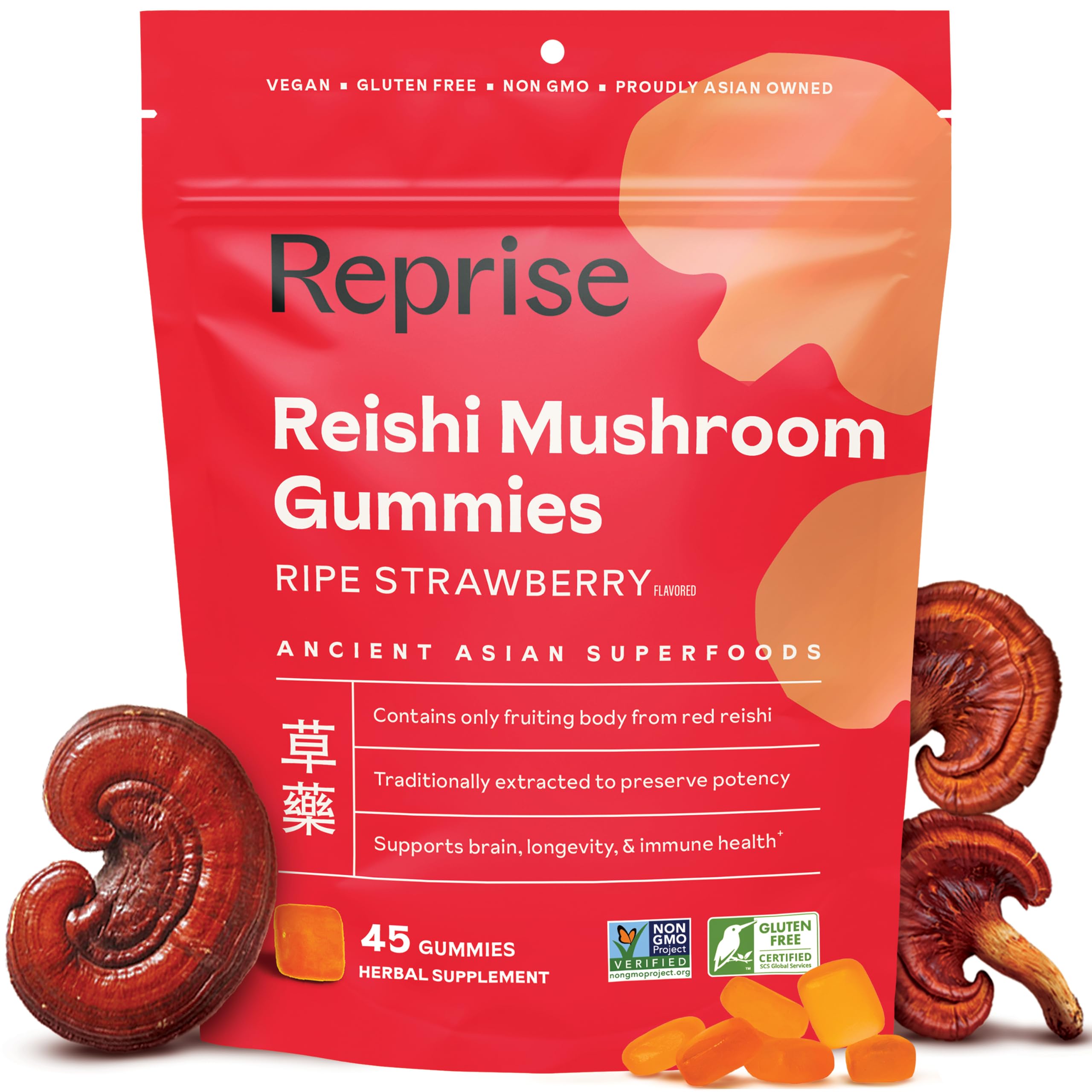 Reishi Mushroom Gummies | Hongo Reishi Mushroom Supplement Gummies (Lingzhi, Ganoderma Lucidum) | Full Spectrum Stress Gummies for Adults | Red Reishi Mushroom | Strawberry Flavor | 45 Count 1 Count (Pack of 45)