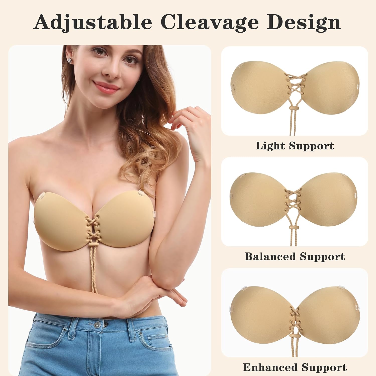 Nimiah Drawstring Push-Up Sticky Bra - 1" Thick Padded Adds 1 Cup Size Invisible Adhesive Bra for Wedding Party Daily