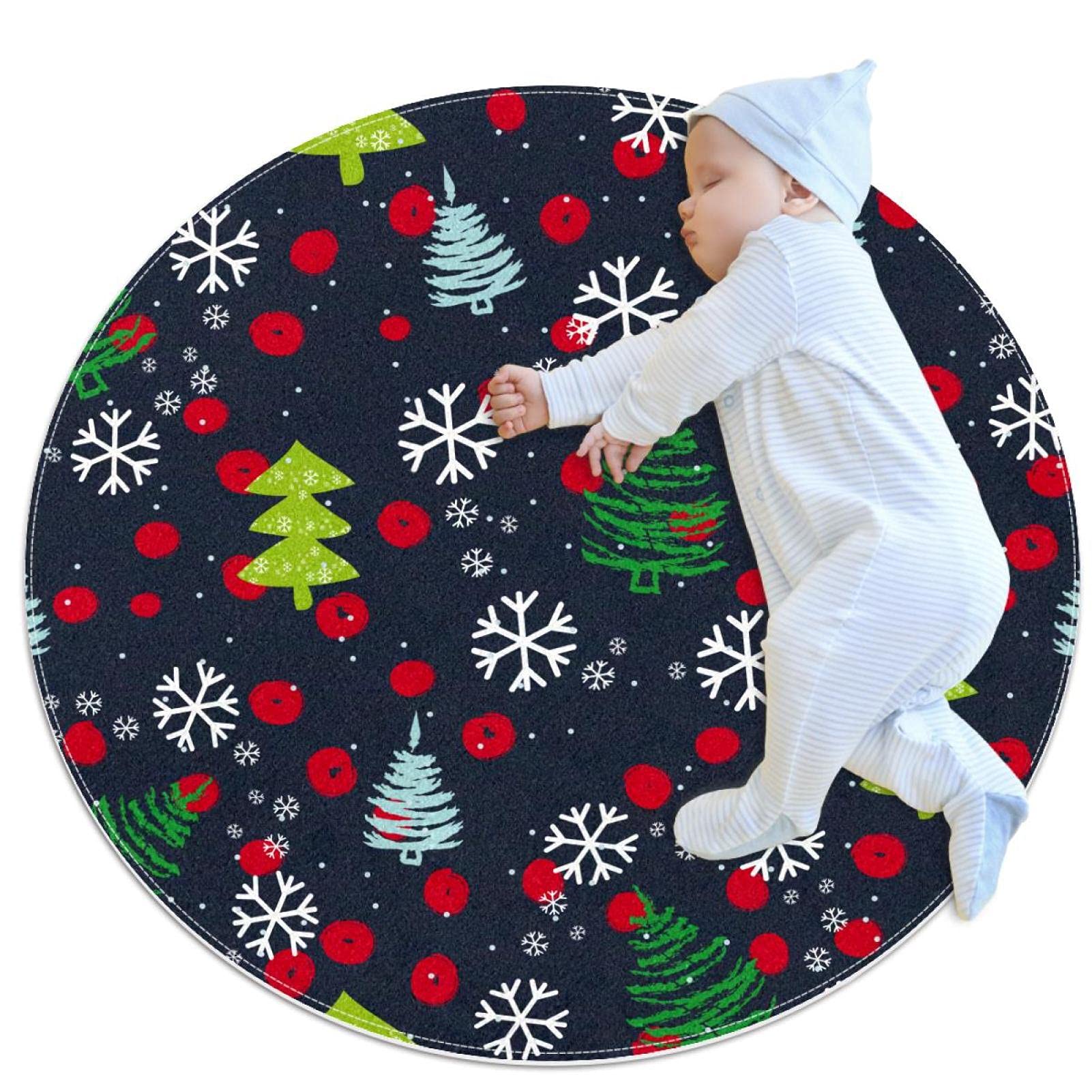 Tapis de salle de bain rond de 1m motif sapin de Noël et flocons doux