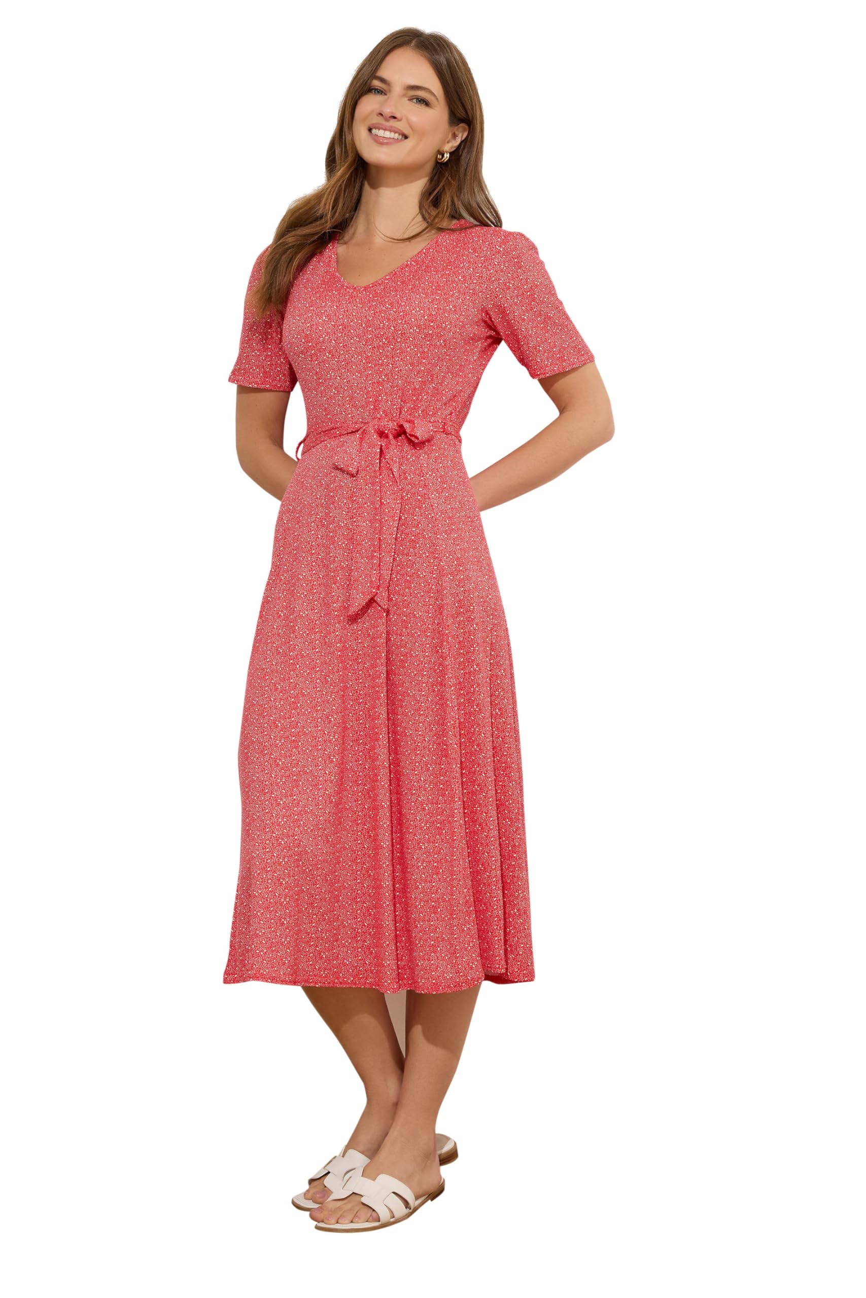 M&Co Women's Red Ditsy Floral Tie Waist Midi Dress
