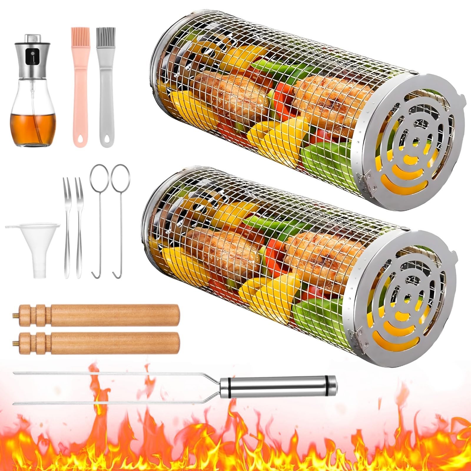 2-Pack Stainless Steel BBQ Grilling Baskets, Mesh Basket Grill Accessories for Outdoor Use