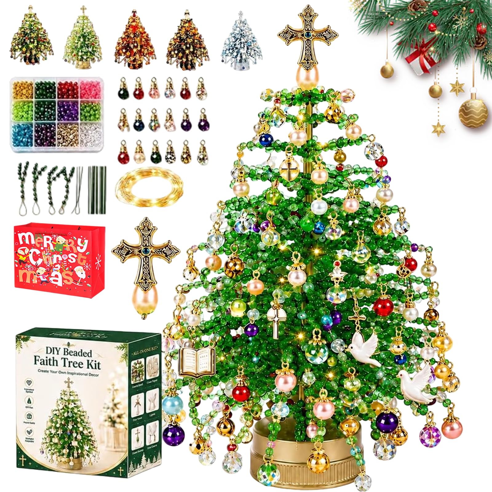 DIY Beaded Christmas Tree Kit with Lights, Crafts for Adults (Green)