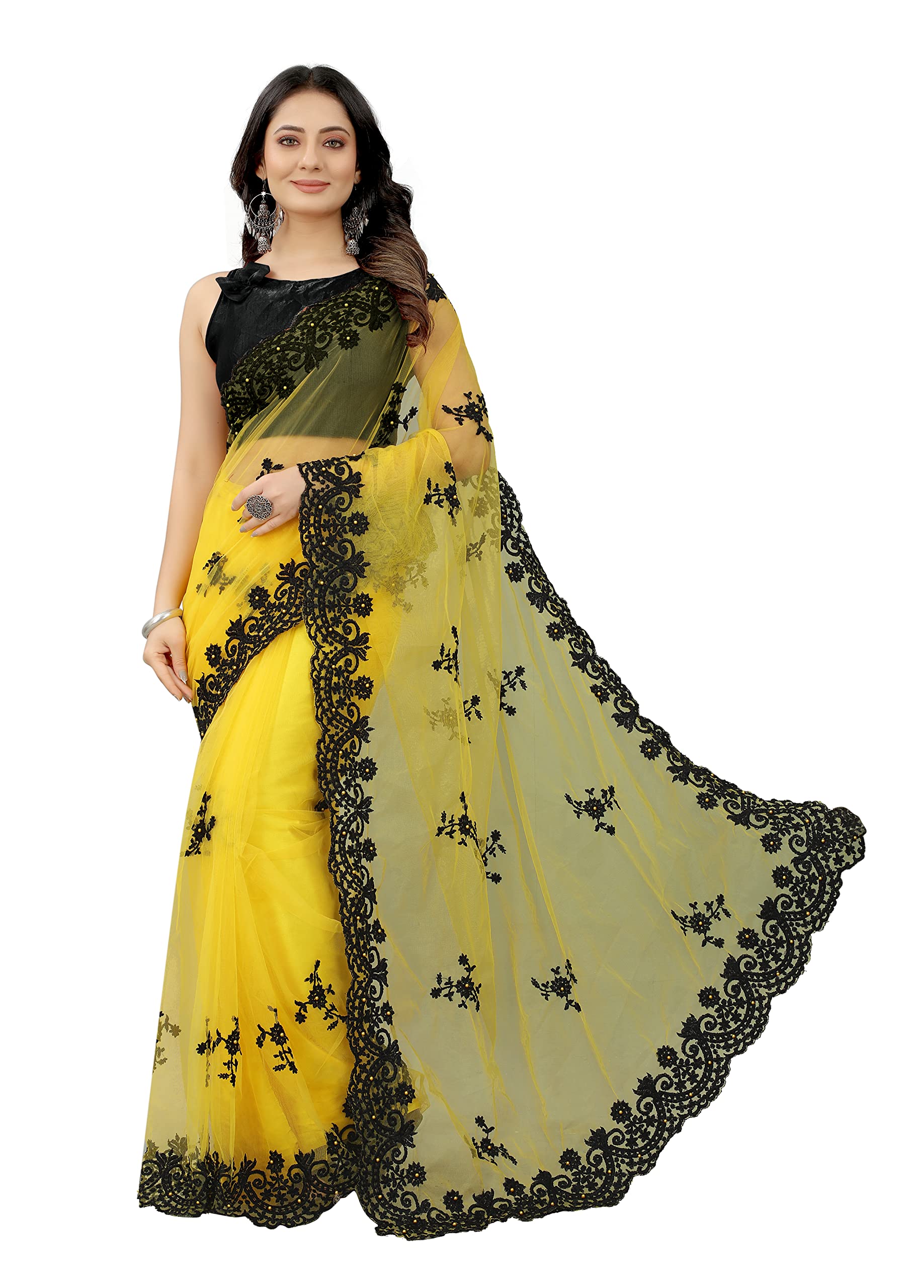 Women's Embroidered Work Net Saree With Unstitch Blouse Piece.