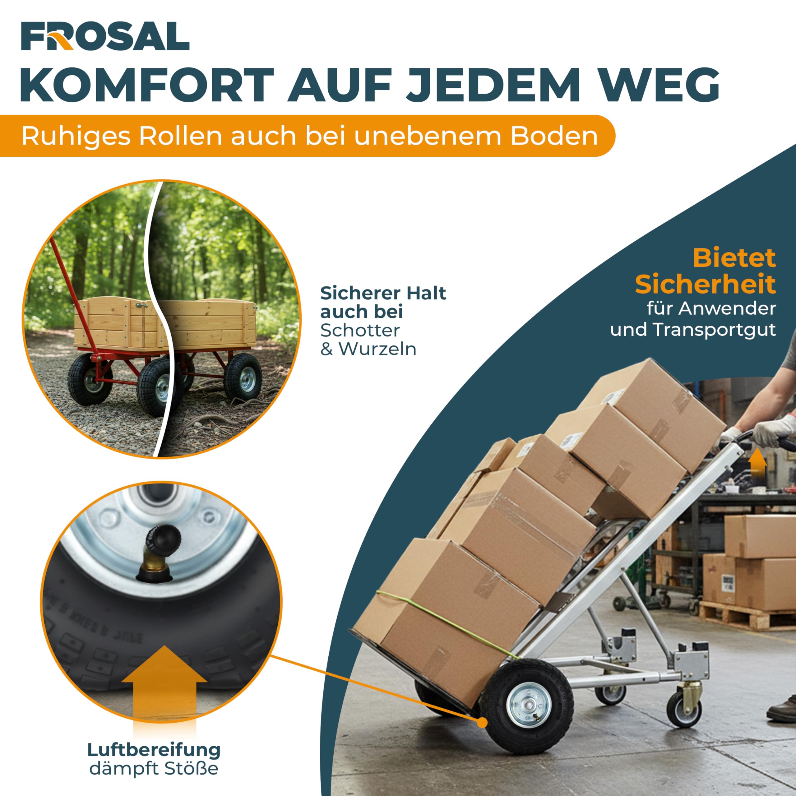 FROSAL Luftrad 260 mm 4.10/3.50-4 – Ersatzrad für Bollerwagen, Sackkarre, Transportwagen – Ø 260×85 mm – Achse Ø16 mm Nabenlänge 55 mm – Stahlfelge silber Ø120 mm – Kugellager – luftgefüllt – 2er Set