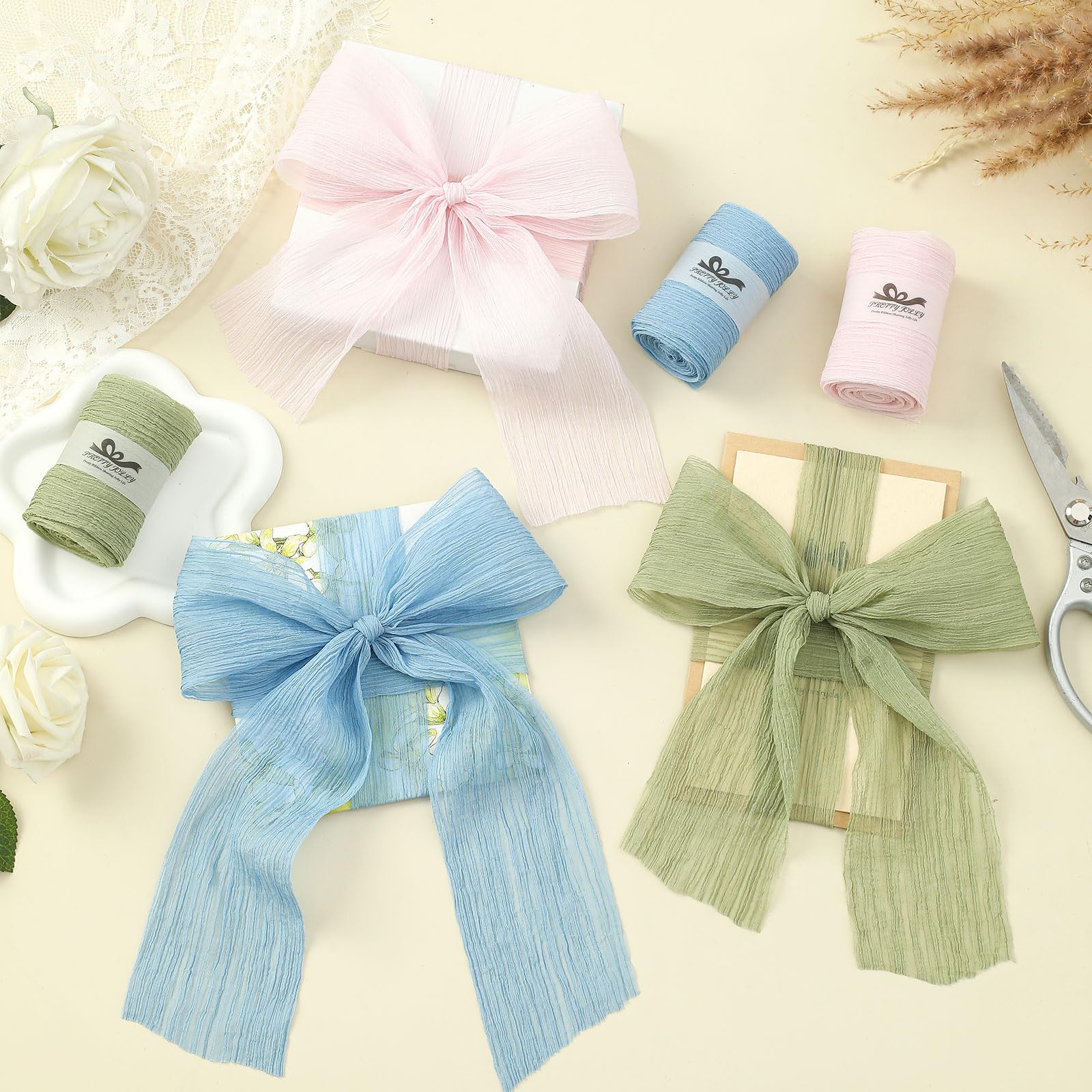 Pretty Jolly Sage Green 3 Inch x 9 Yard Silk, Polyester Crinkle Chiffon Ribbon Set for Wedding Hair, Invitations, Bouquets, Decor - Image 4