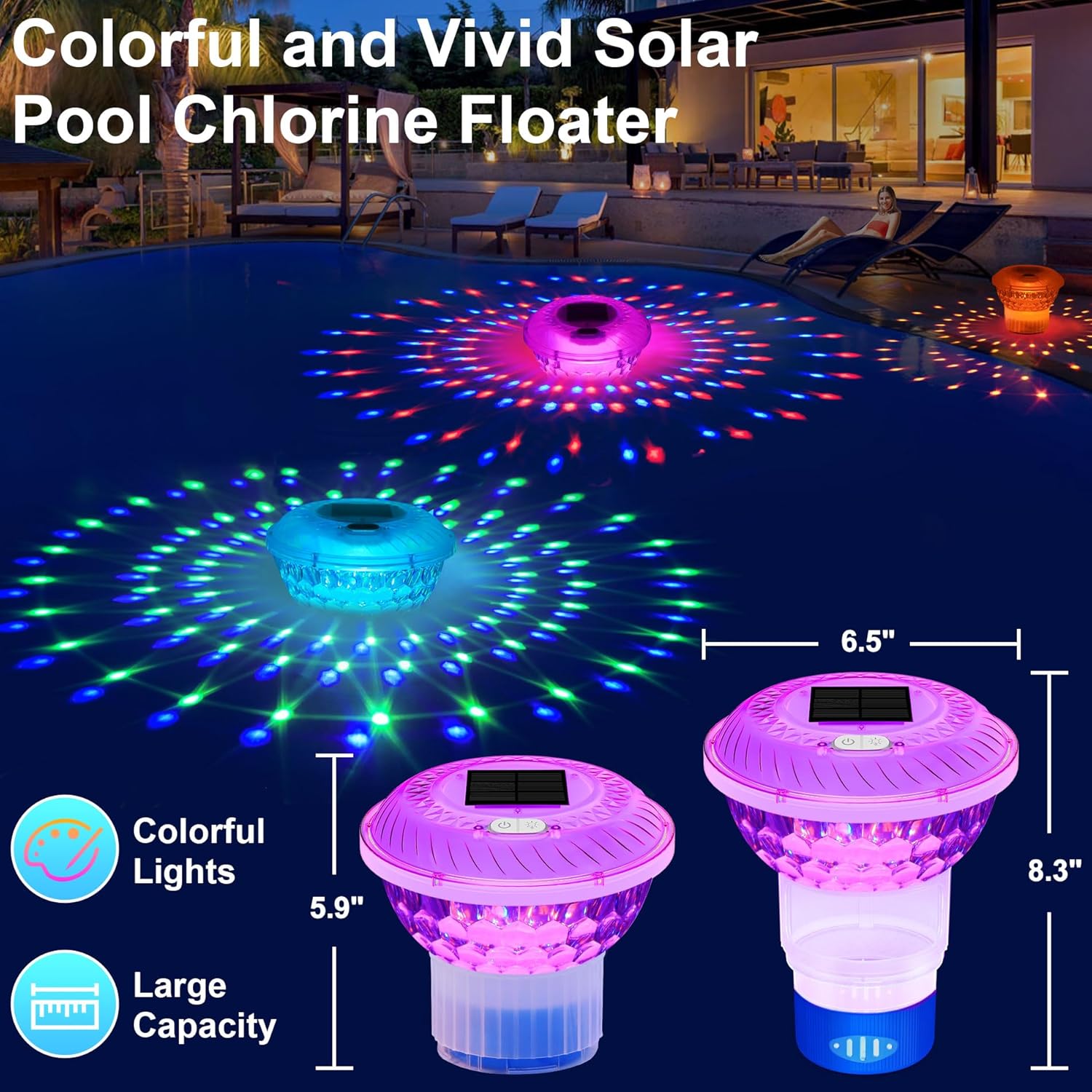 Solar Chlorine Floater with Colorful Light Show, Button Control Pool Chlorines Floaters, Chlorine Floater with Adjustable Release, Easy Opening Floating chlorines Dispenser for Pool, Hot Tub