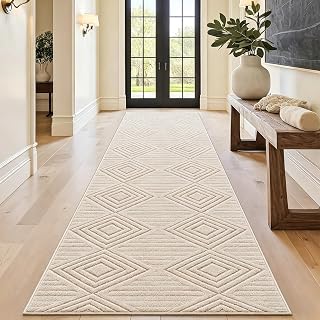 Capslpad Teppich Läufer Flur 80x300cm Beige Modern Waschbar Küchenläufer Teppich 3D Geometrie Hoch Tief Effekt rutschfest Teppiche Weich Teppiche für Wohnzimmer Schlafzimmer