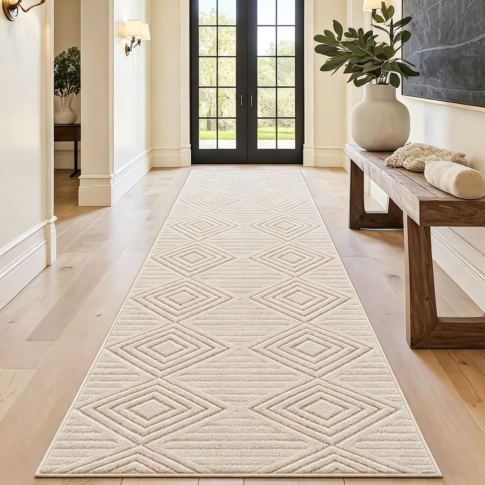 Capslpad dywan, chodnik do korytarza 80x300cm beżowy, nowoczesny, mywalny, dywan kuchenny, 3D geometria, efekt głębi i wypukłości, antypoślizgowy, dywany miękkie, dywany do salonu, sypialni