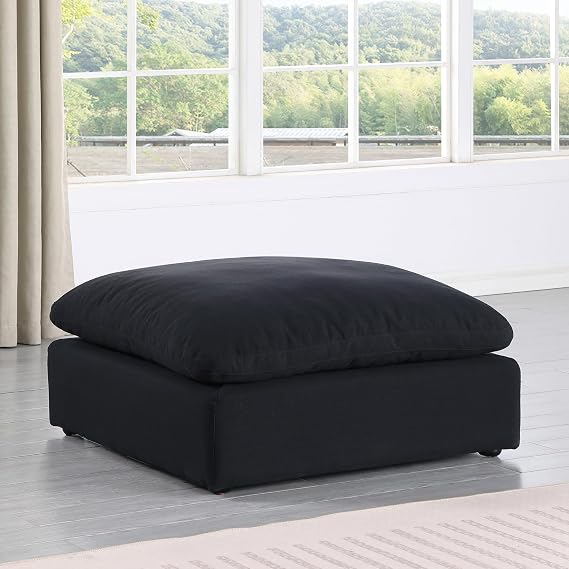Meridian Furniture 187Black-Ott Comfy Collection Modern | Contemporary Upholstered Ottoman, Rich Black Durable Linen Textured Fabric, Down Feather Cushions, 39 W x 40 D x 20 H, Black