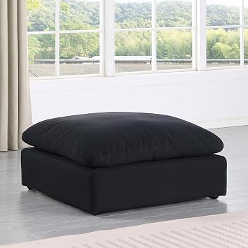 Meridian Furniture 187Black-Ott Comfy Collection Modern | Contemporary Upholstered Ottoman, Rich Black Durable Linen Textured Fabric, Down Feather Cushions, 39 W x 40 D x 20 H, Black