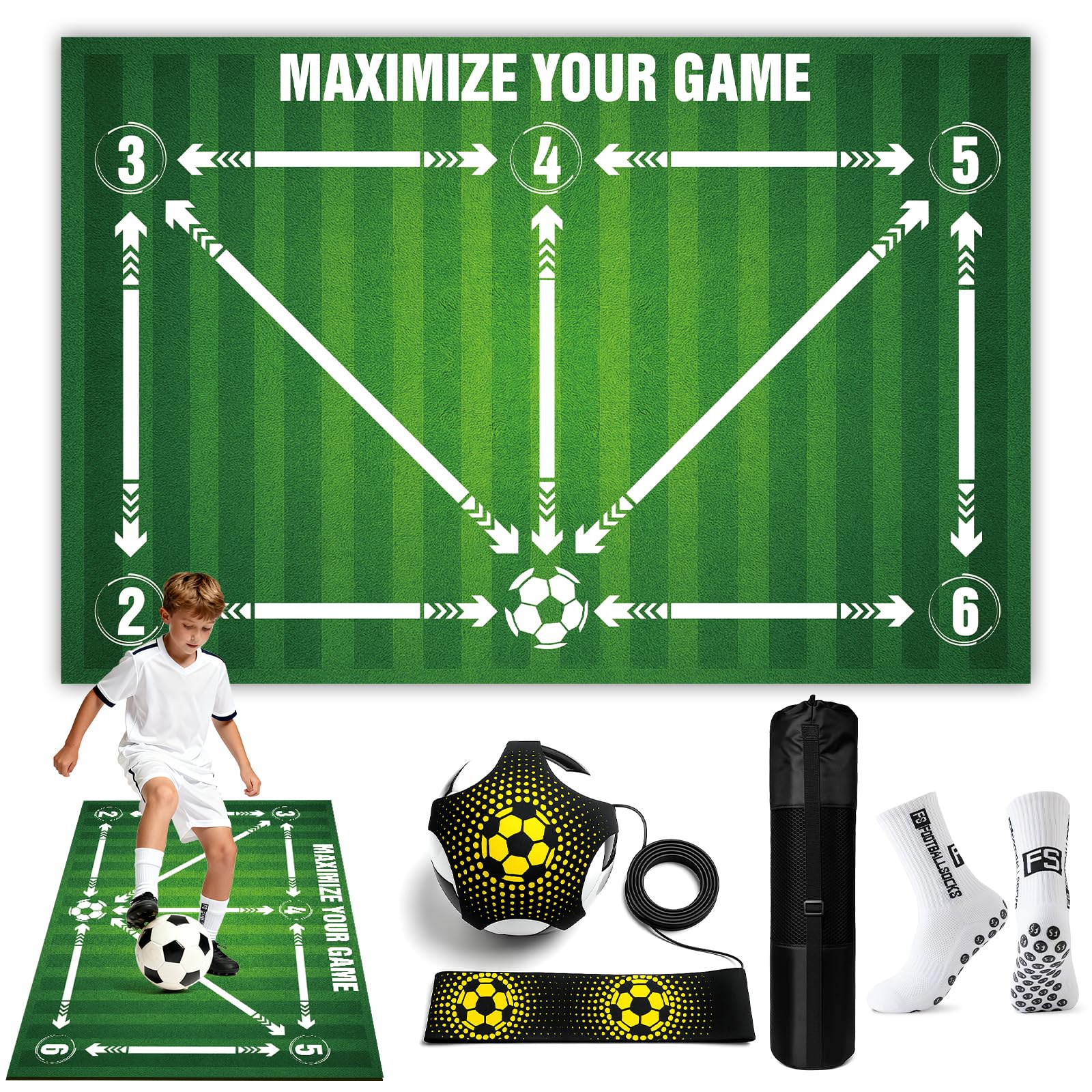 Fussballmatte Training Kinder,60X90 cm Fussball Matte Ballkontrolle,Fußballmatte Rutschfest Silent,Fussball Trainingsmatte,Fussball Geschenke Jungen Stoßdämpfende Anti-Rutsch Mit Socken Set Für Indoor