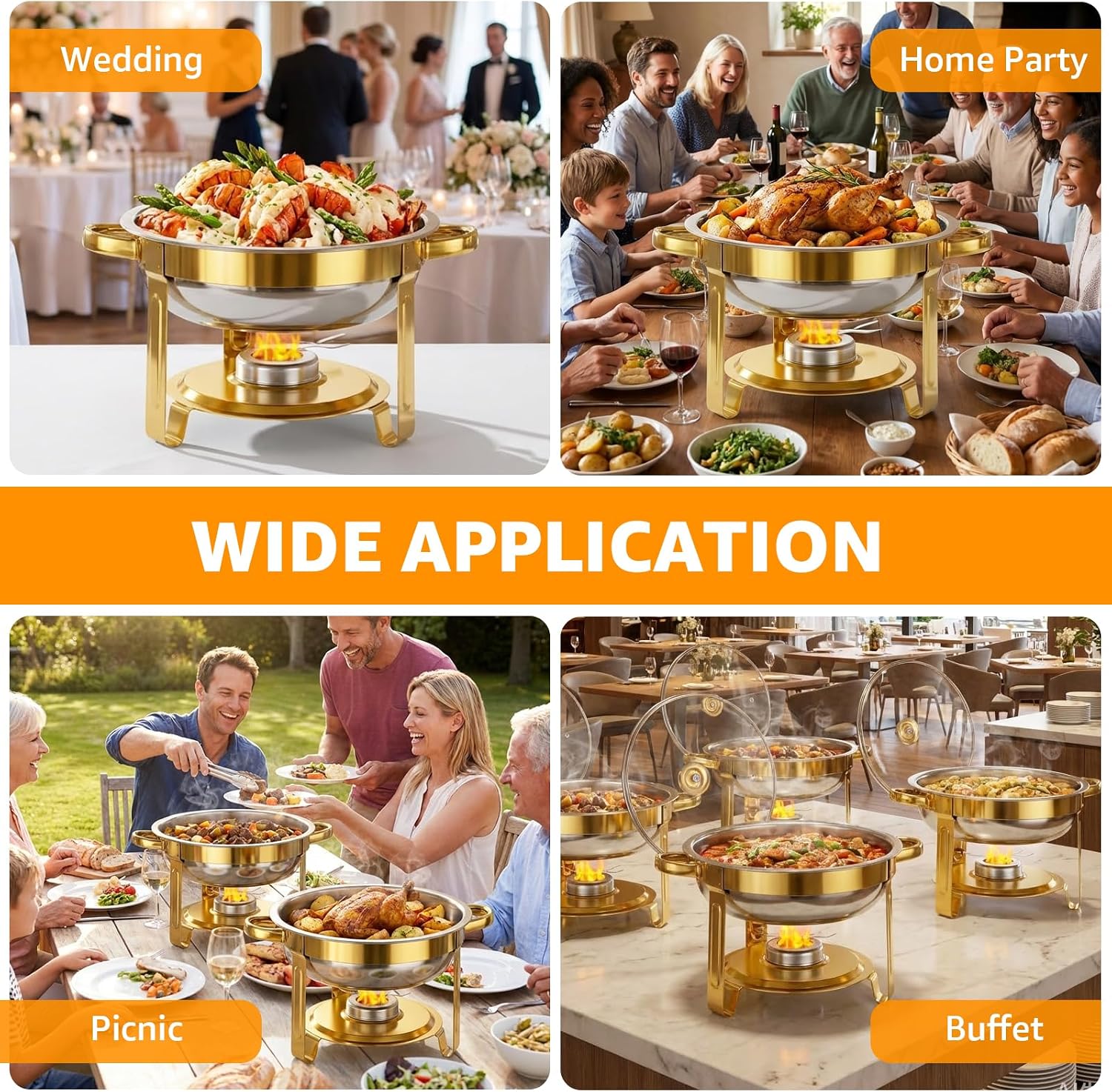 Chafing Dishes for Buffet,4 Pack 5QT Round Chafing Dishes for Buffet, Gold and Silver Stainless Steel Chafing Dishes with Glass Lid and Lid Holder,Food Warmers for Parties Buffet, Wedding, Birthday