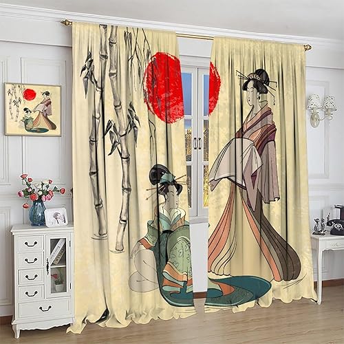 Miniatura 4 de Cortinas de estilo japonés, Kyoto Geisha Girls Asian Ink Painting - Cortinas de tela de poliéster con estampado de Japón antiguo para dormitorio,