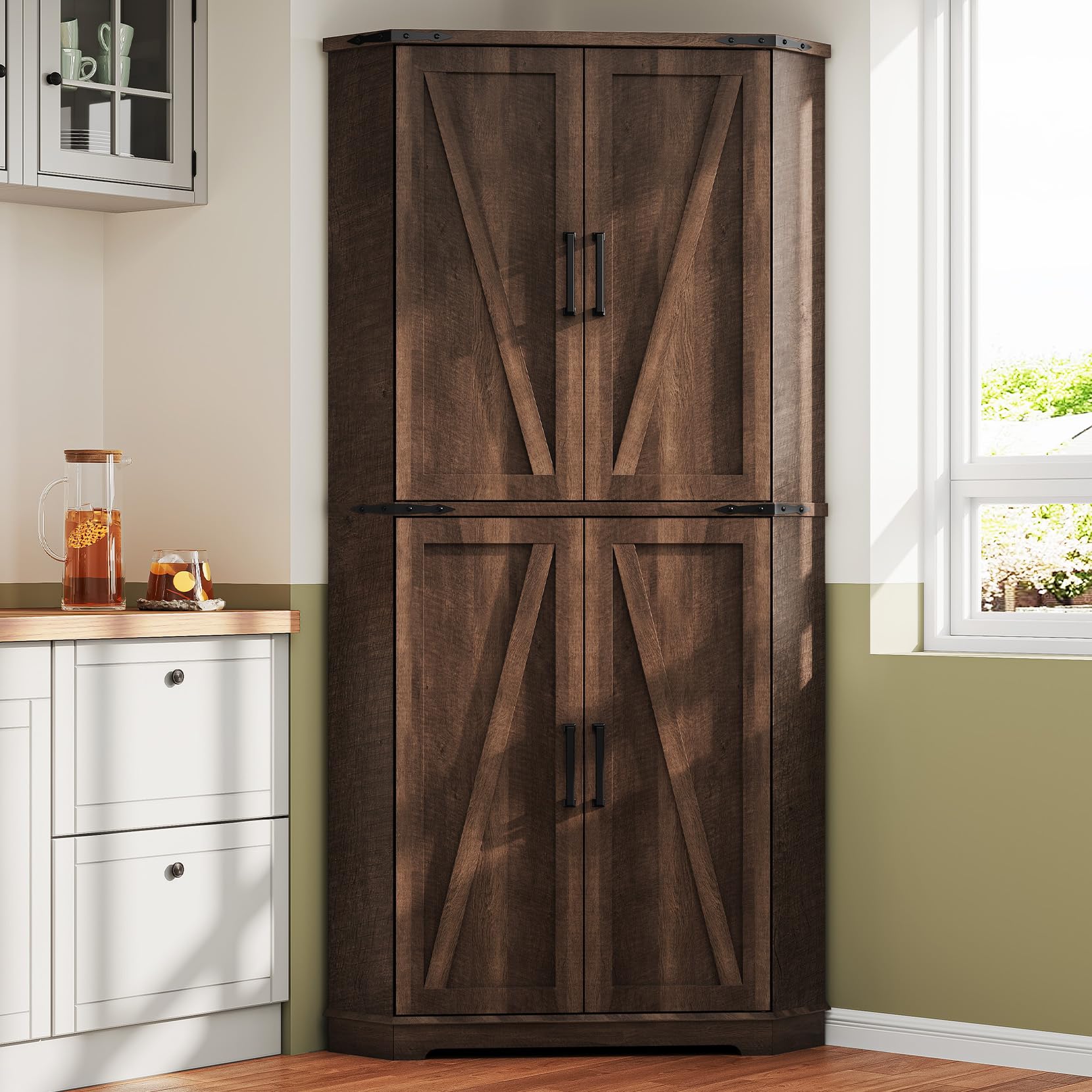 Dripex 71" Brown Farmhouse Corner Pantry Cabinet with LED Light, Tall Storage Cabinet with Doors &amp; Adjustable Shelves, Food Pantry for Kitchen, Living Room, Dining Room