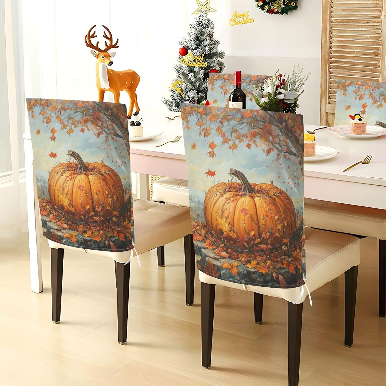 ALAZA Vintage Autumn Pumpkin Chair Back Cover Set of 6, Washable Reusable Removable Chair Slipcovers Decorative Chair Cover for Home Kitchen Wedding Party