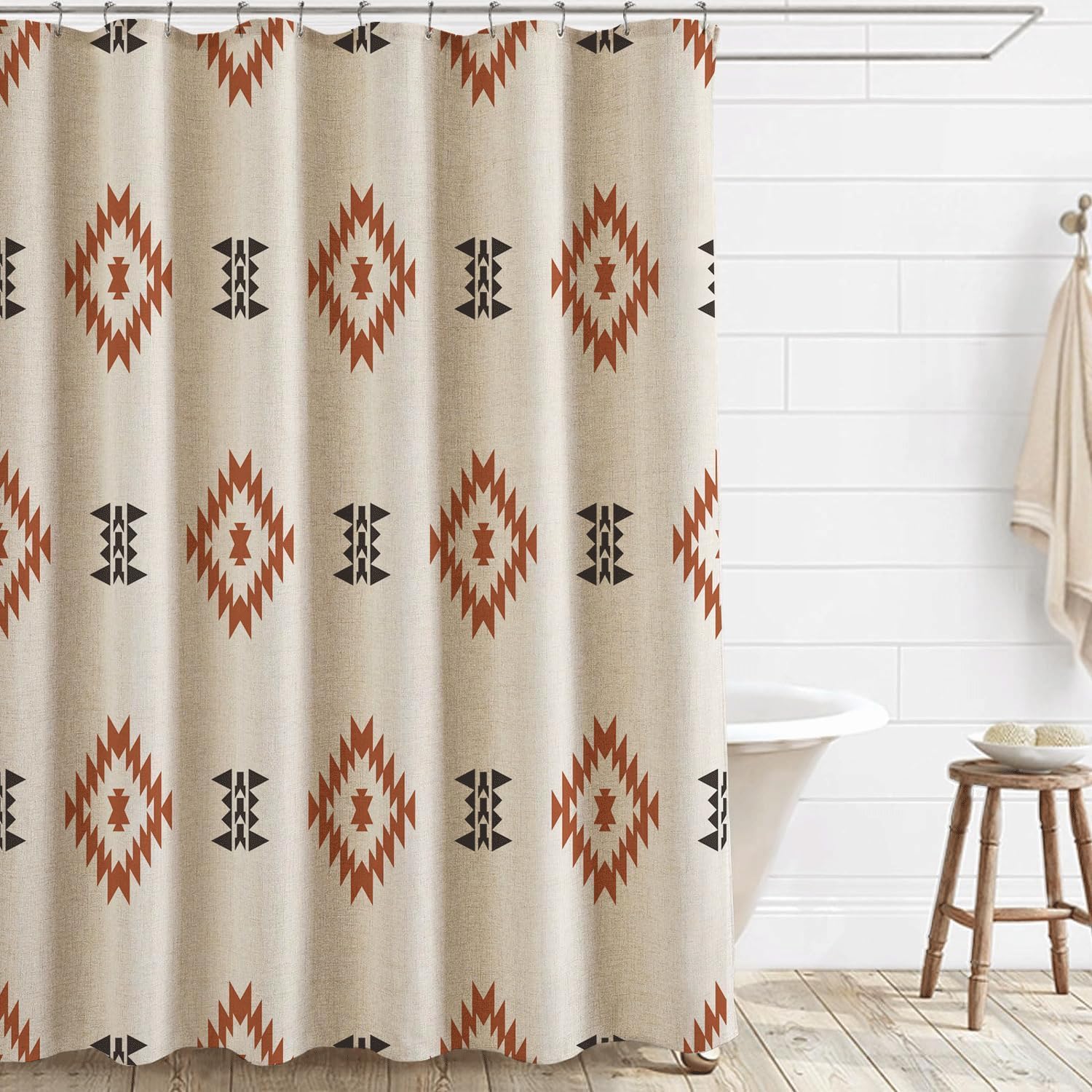 Southwest Rideau de douche en lin à rayures géométriques aztèques avec crochets – Rideau de douche occidental bohème pour salle de bain, 180 x 213 cm