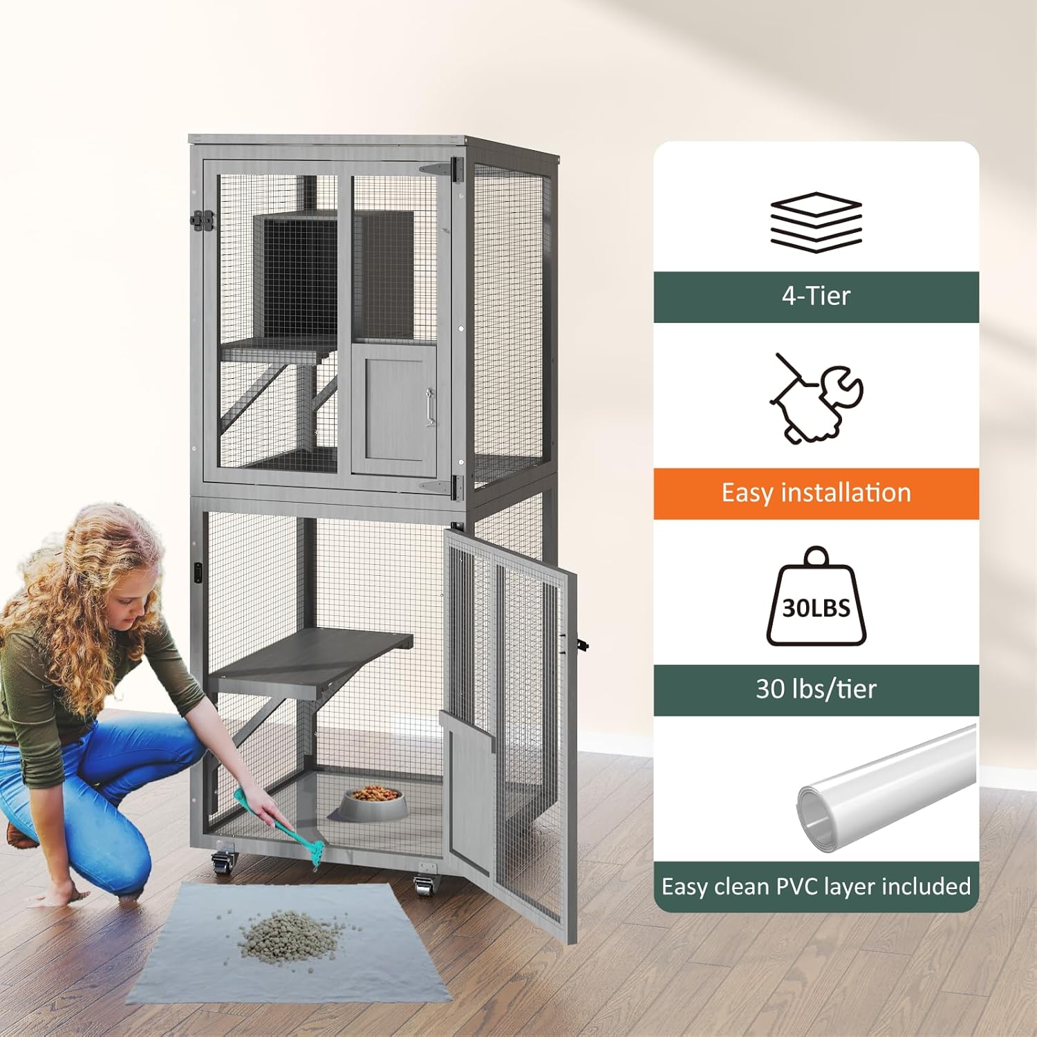 Cat Catio Outdoor Enclosure, 4 Tiers Indoor Catio with Wheels, Resting Box, Sunshine Panel Waterproof Roof, Indoor Cats Cage with Removable Wood Bottom and Easy Clean PVC Layer