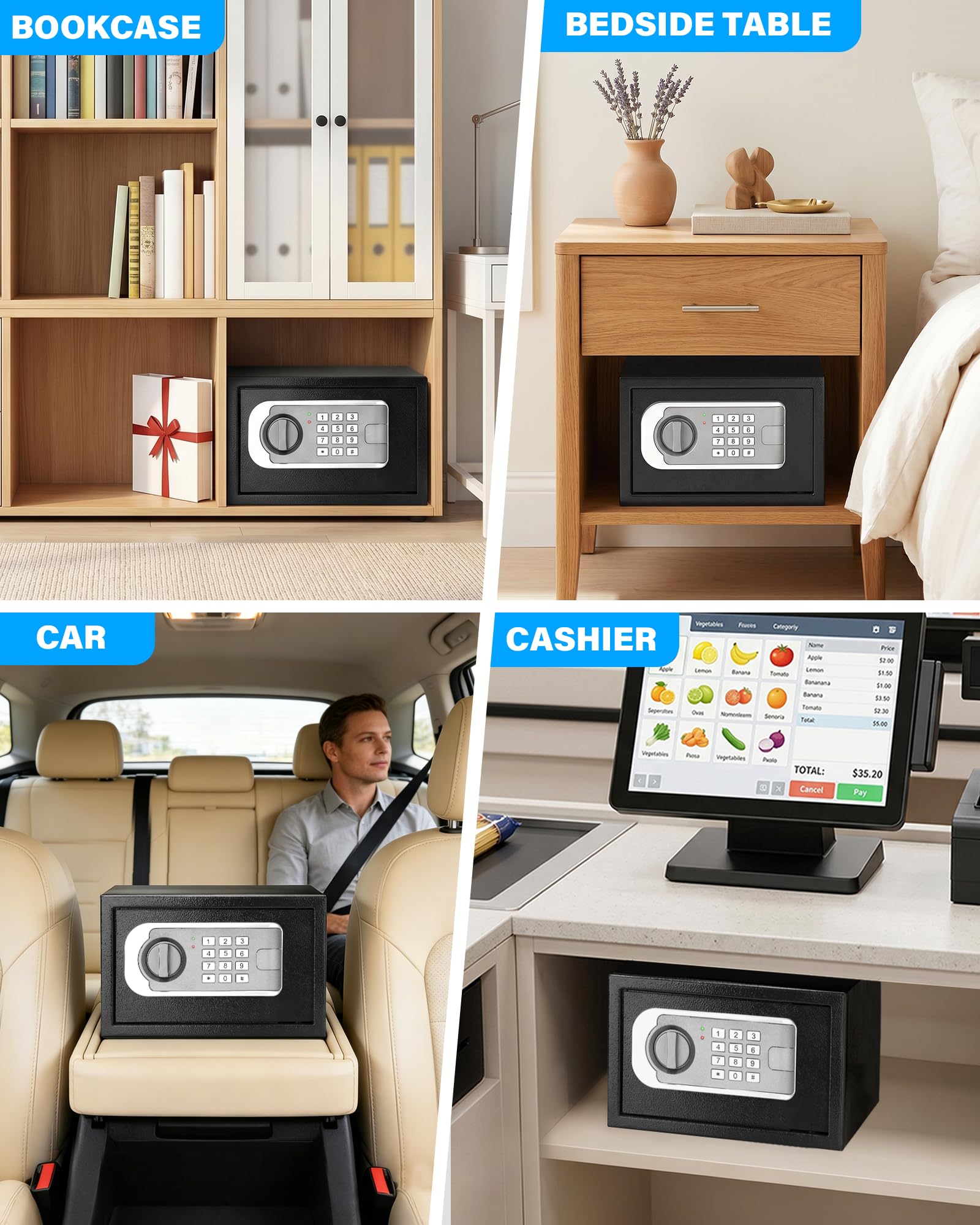 Caja fuerte pequeña de 0.45 pies cúbicos para el hogar con bolsa impermeable ignífuga, cajas fuertes personales para el hogar con llave de repuesto de teclado electrónico, caja de seguridad digital