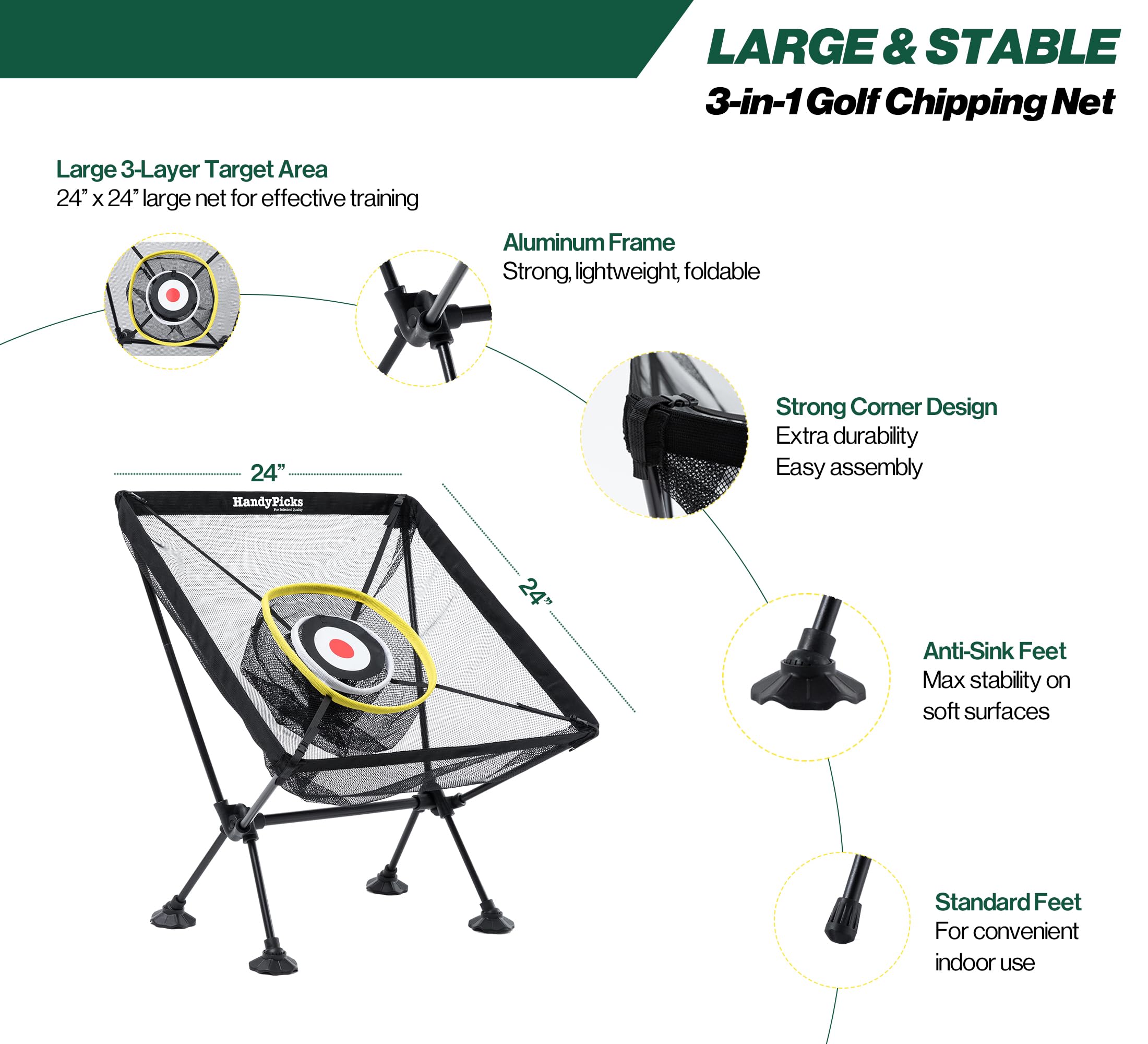 Golf Chipping Net mit Zielscheibe (61 x 61 cm groß) – 3-in-1 Übungsnetz mit Anti-Sink-Füßen, faltbares Hinterhof-Golf-Trainingshilfe mit Matte und Bällen, Indoor/Outdoor Short Game Trainer, Geschenk