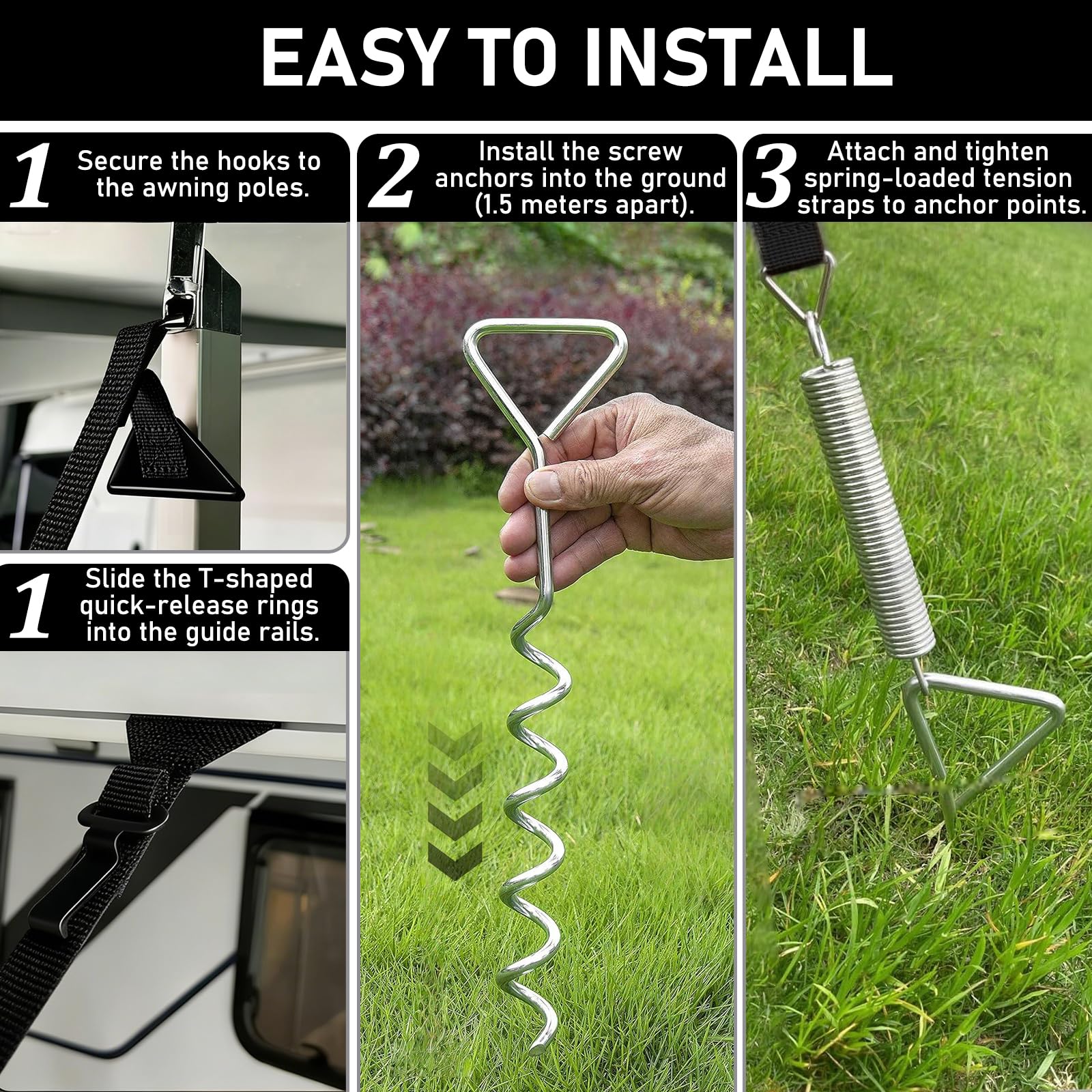 Awning Tie Down Kit for Motorhomes & Caravans, Universal Awning Storm Strap Kit with Adjustable Polyester Straps + Ground Anchors + Tension Springs + Storage Bag (Black) — view 7