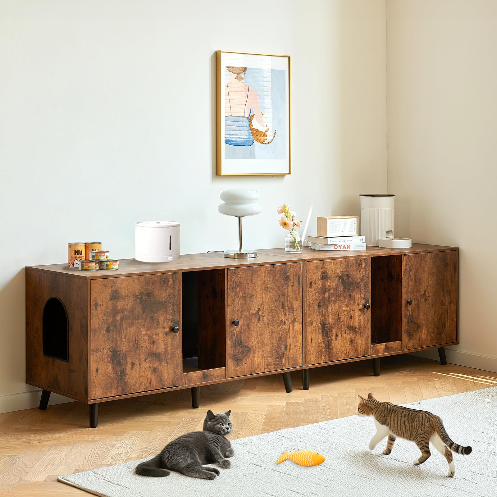 Litter Box Furniture for 2 Cats - Farmhouse Hidden Cat Litter Box Enclosure Cabinet Furniture Double Room, 42.3" TV Stand Side End Table Large Space for 2 Cats, Rustic Brown - image 6