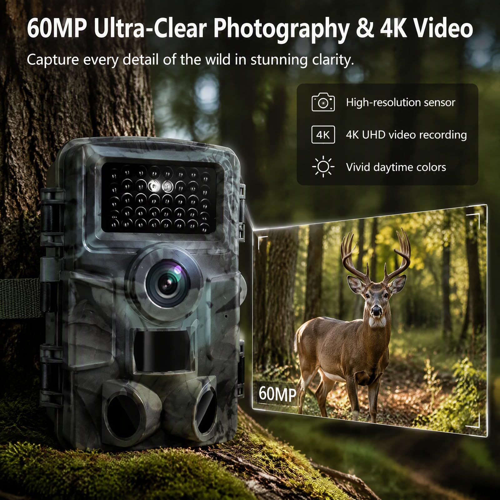 Piège Photo 4K 60MP WiFi App, 46 LED IR 25m Nuit IP66 120°