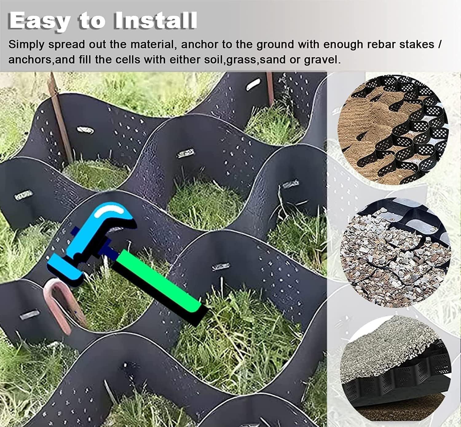 ジオグリッド私道、高さ2インチのエンドウ砂利グリッド、農場泥除け、浸透性ジオセルグリッドグラウンドガード、平方フィートあたり1800