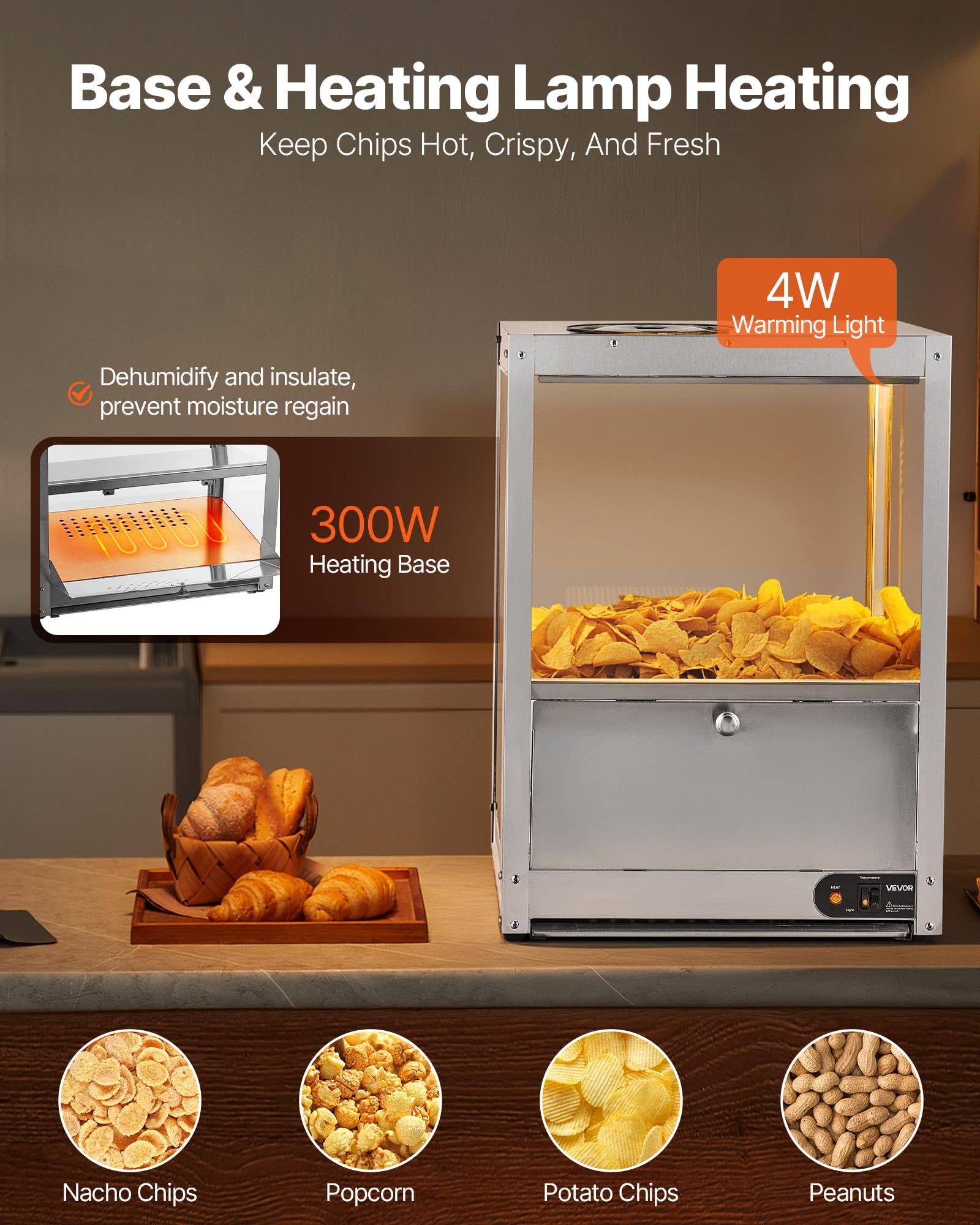VEVOR Vitrine Chauffante 80 L, Chauffe-Nachos avec Base et Lampe Chauffante, pour Chips de Pomme de Terre Popcorn Cacahuètes Stade Cinéma Supérette Cafétéria Bar à Snacks, Présentoir à Chaud en INOX
