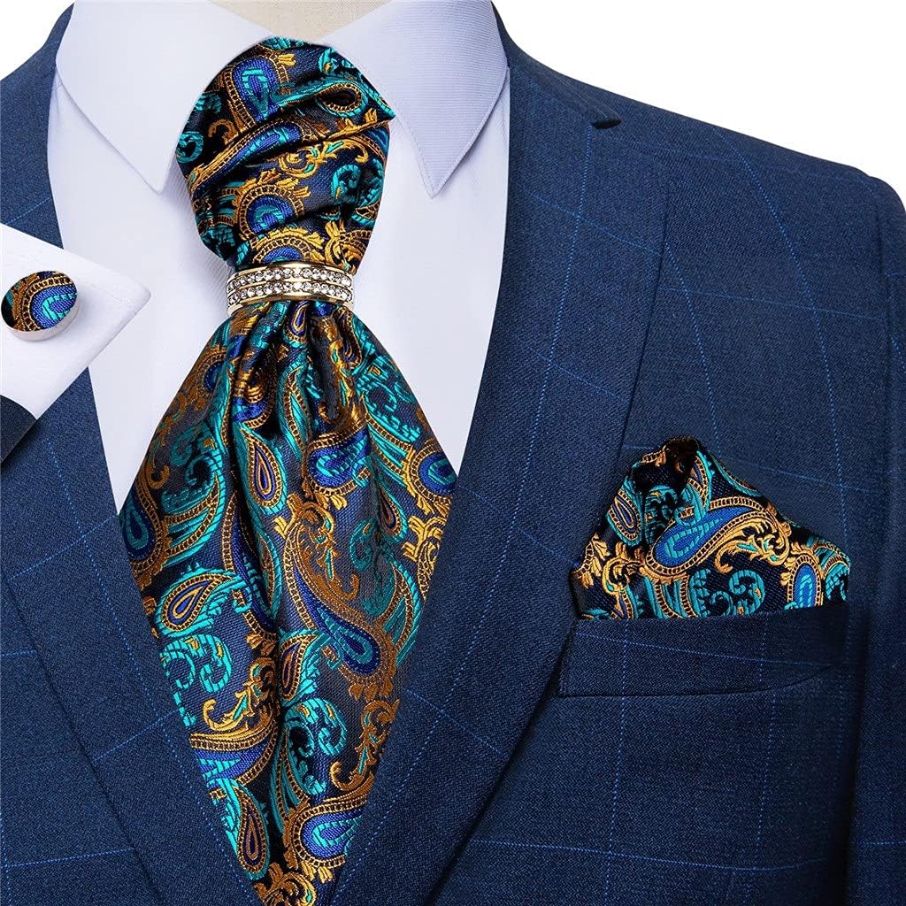 Men's Vintage Teal Green Gold Classic Wedding Formal Cravat Self Ties Gentleman Silk Neck Tie Scarf (Color : Gold Ring, Size : One Size)