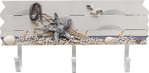 Miniatura 3 de Perchero de madera con 3 ganchos de metal con diseño de mar y playa, con estrellas de mar, gaviotas y conchas de mar