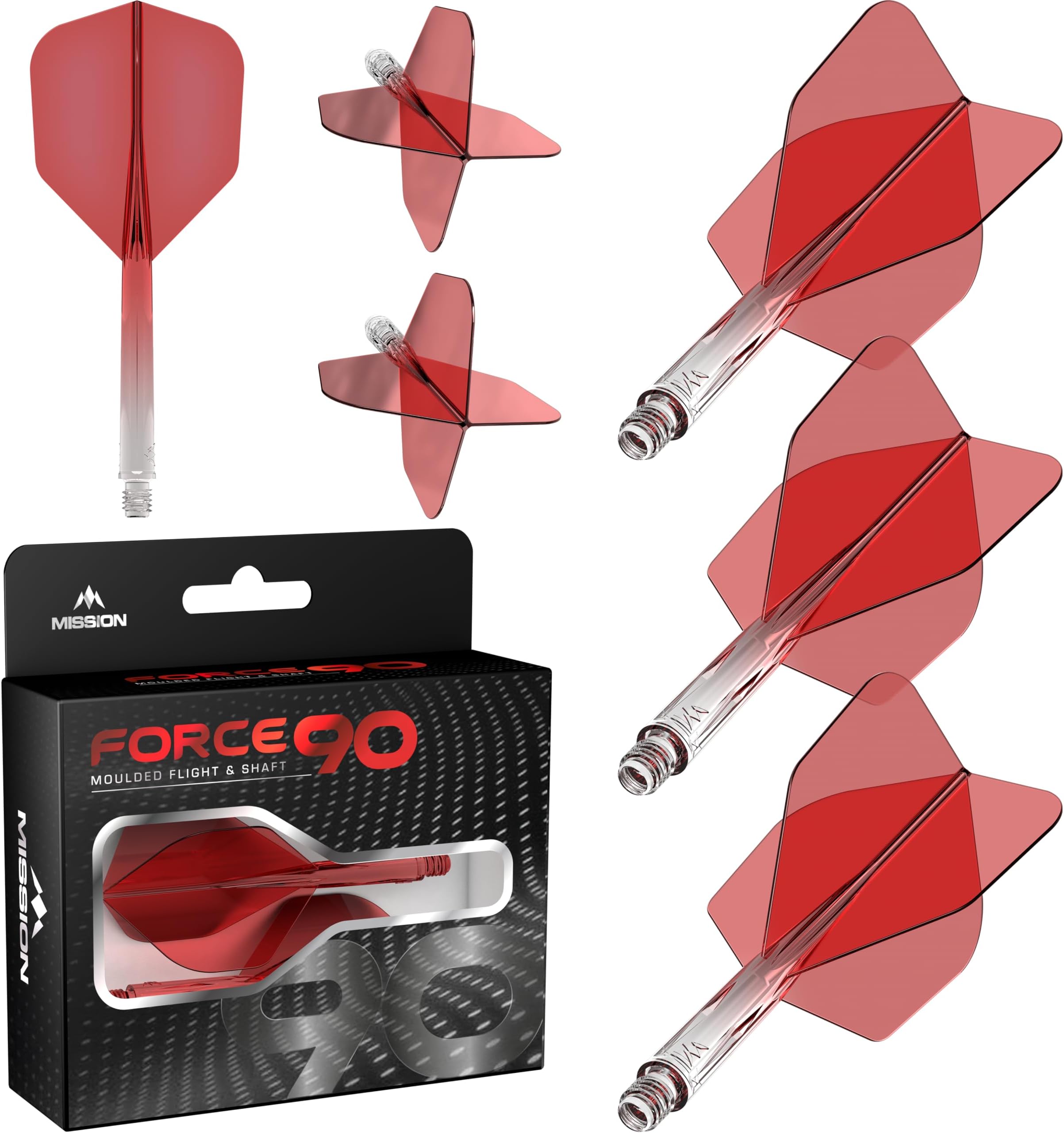 Mission Darts Force 90 | Integrated Precision Moulded Dart Flight and Shaft System, Pack of 3 Professional Durable Combined Dart Flights and Stems | Standard No.6 (Red Gradient, Medium).