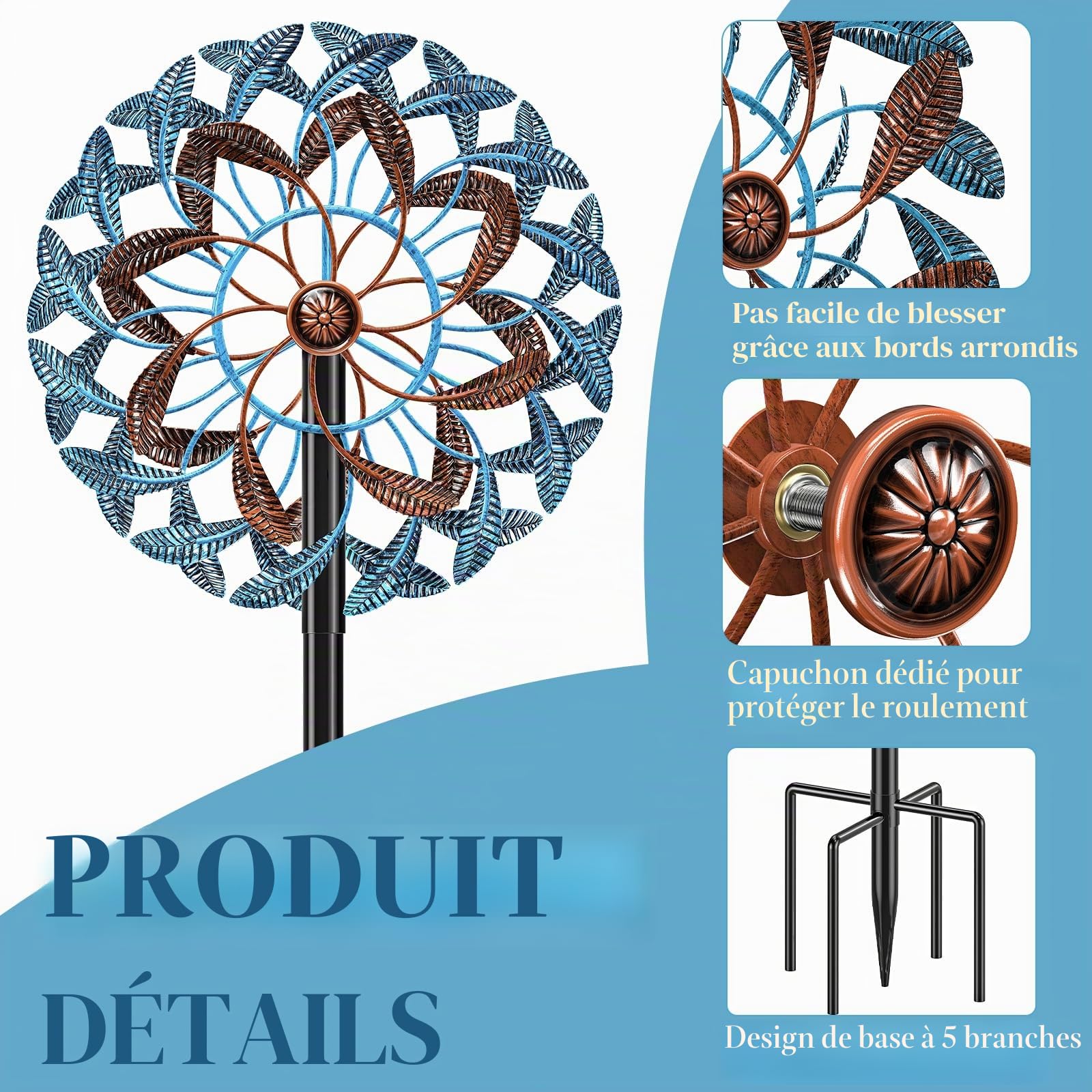 Moulin à Vent Solaire, Sculptures cinétiques à Vent à Lame Double Direction pour l'extérieur, Moulin à Vent Cinétique Éoliennes décoratives pour terrasse pelouse et Jardin (Bleu Brun)