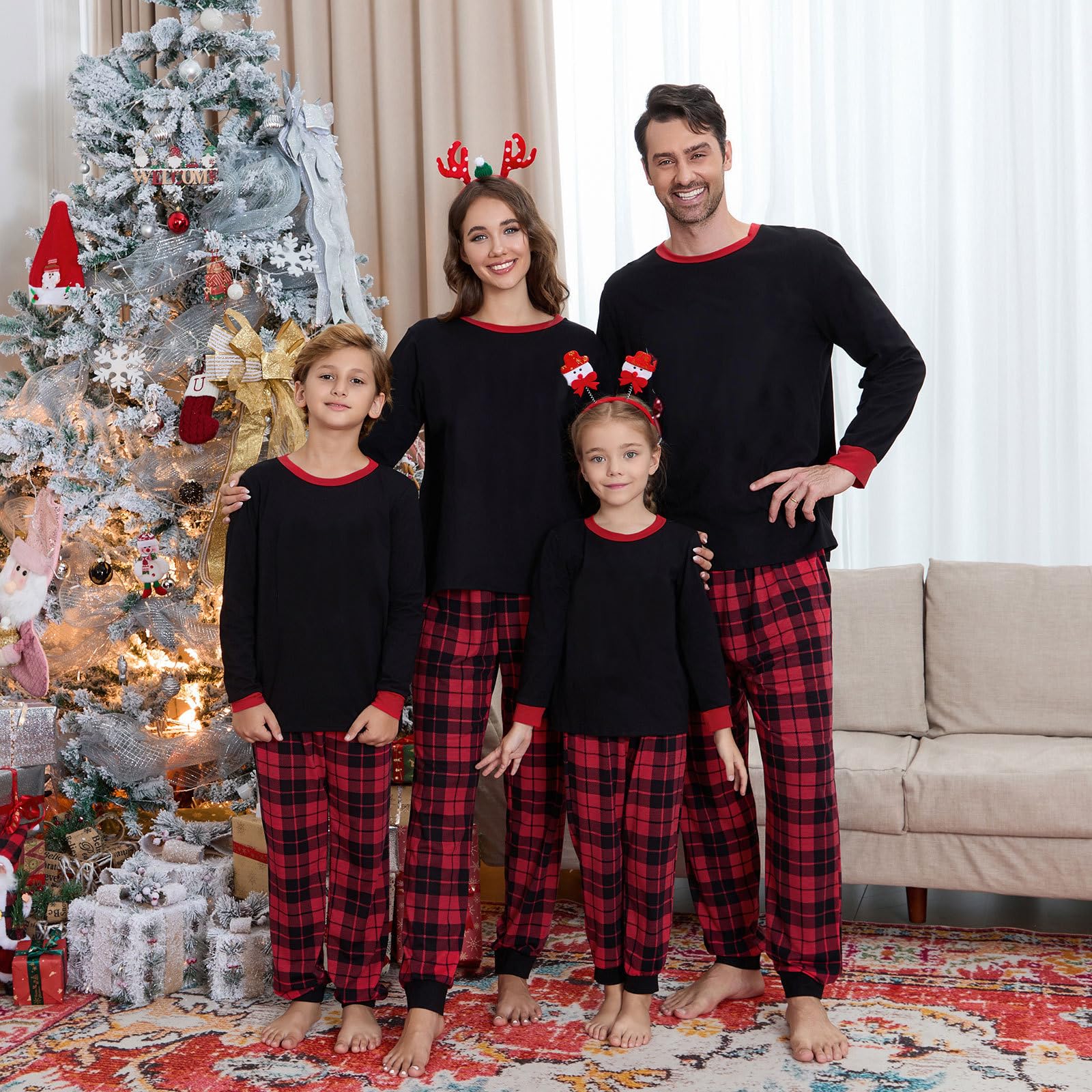 Set pigiama abbinato per la famiglia, a maniche lunghe, in cotone, con pantaloni a quadri di bufalo, abbigliamento da casa natalizio