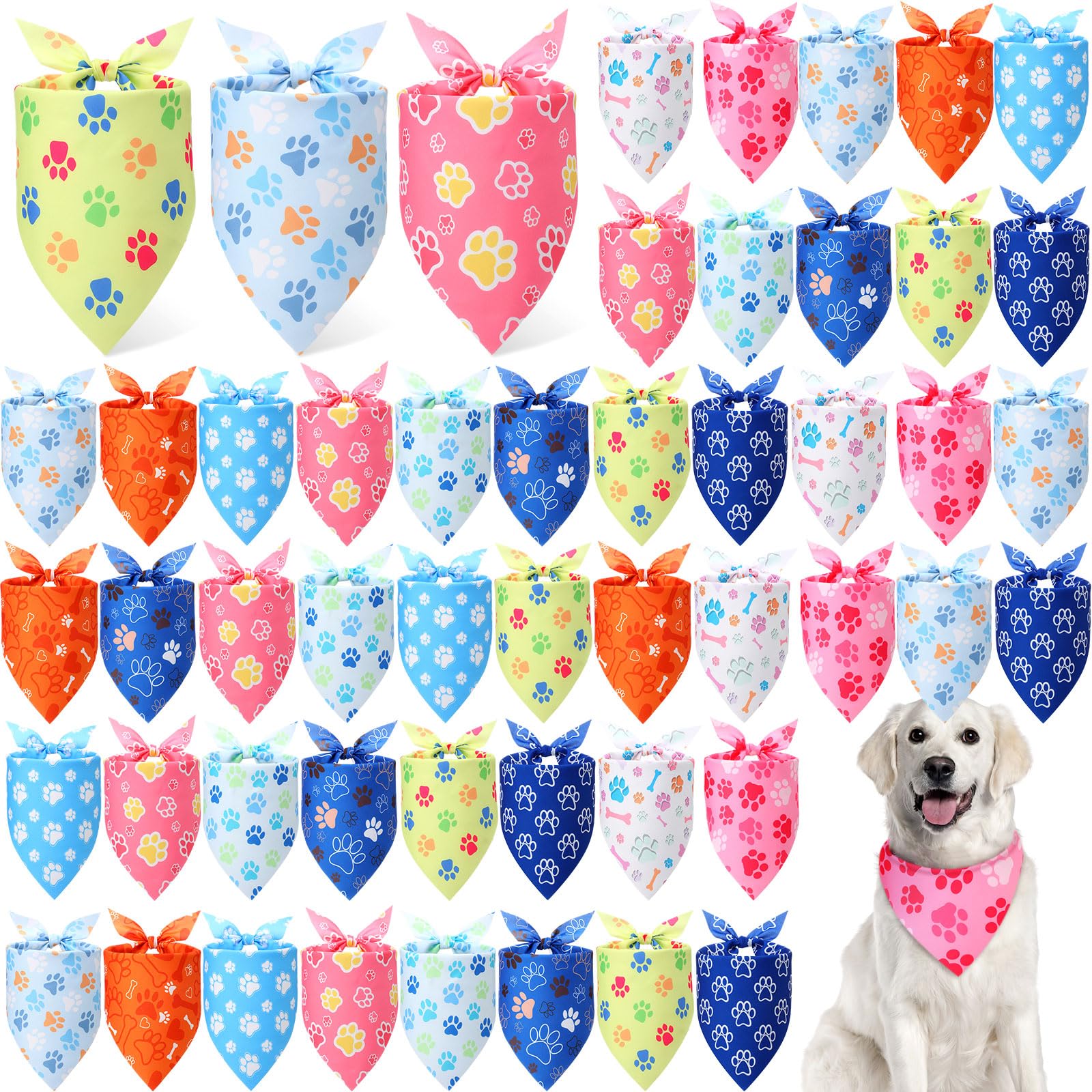 Weewooday 50 Pcs Paw Print Dog Bandanas Bulk Dog Bandanas for Dogs Soft Bibs Adjustable Triangle Bandana for Small Medium Large Costume(paw Pattern, 31.5 x 21.7 X21.7 Inch)