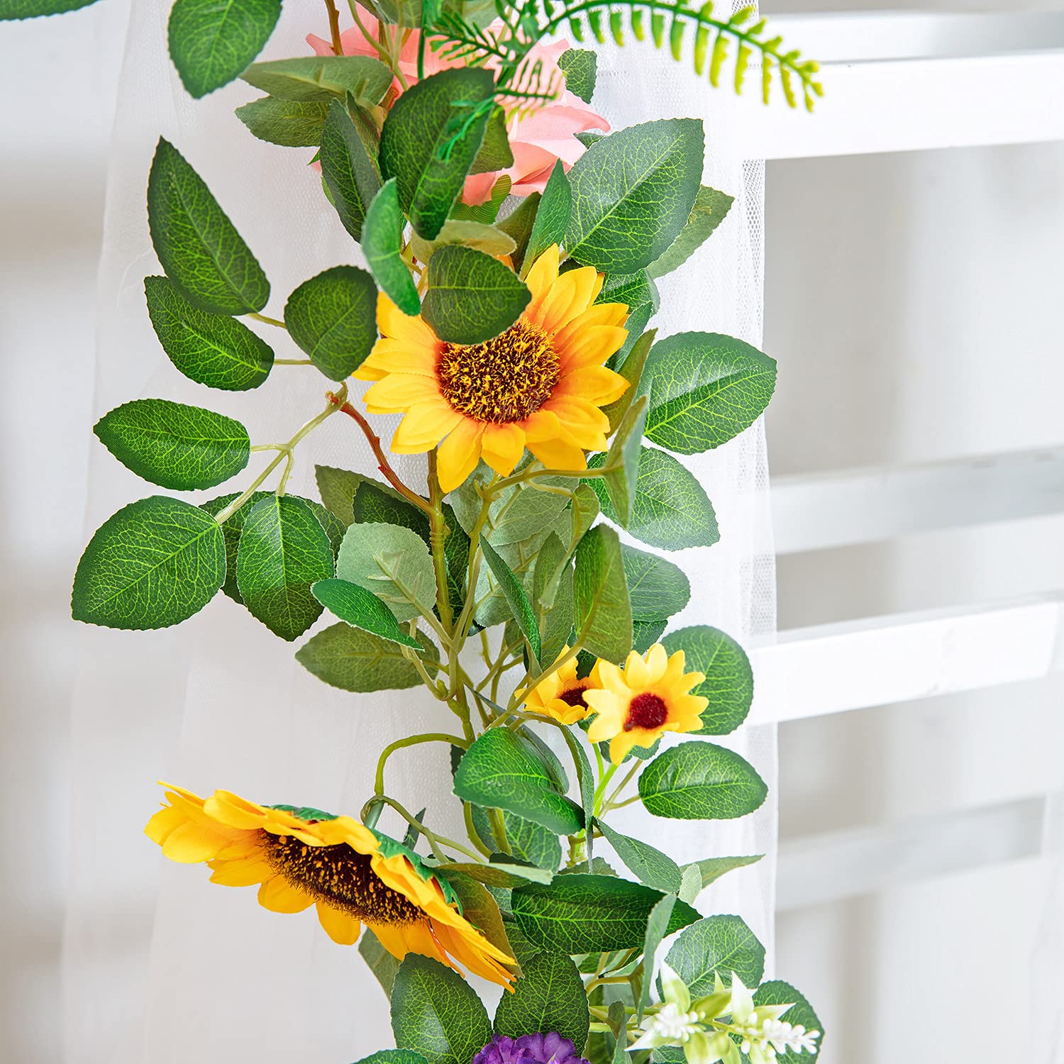 Naidiler Künstliche Blumengirlande, Sonnenblume & Rosenranken, Boho Hochzeit & Geburtstag Dekor, 1,8 m gerade, rosa & gelb, Stoff & Kunststoff