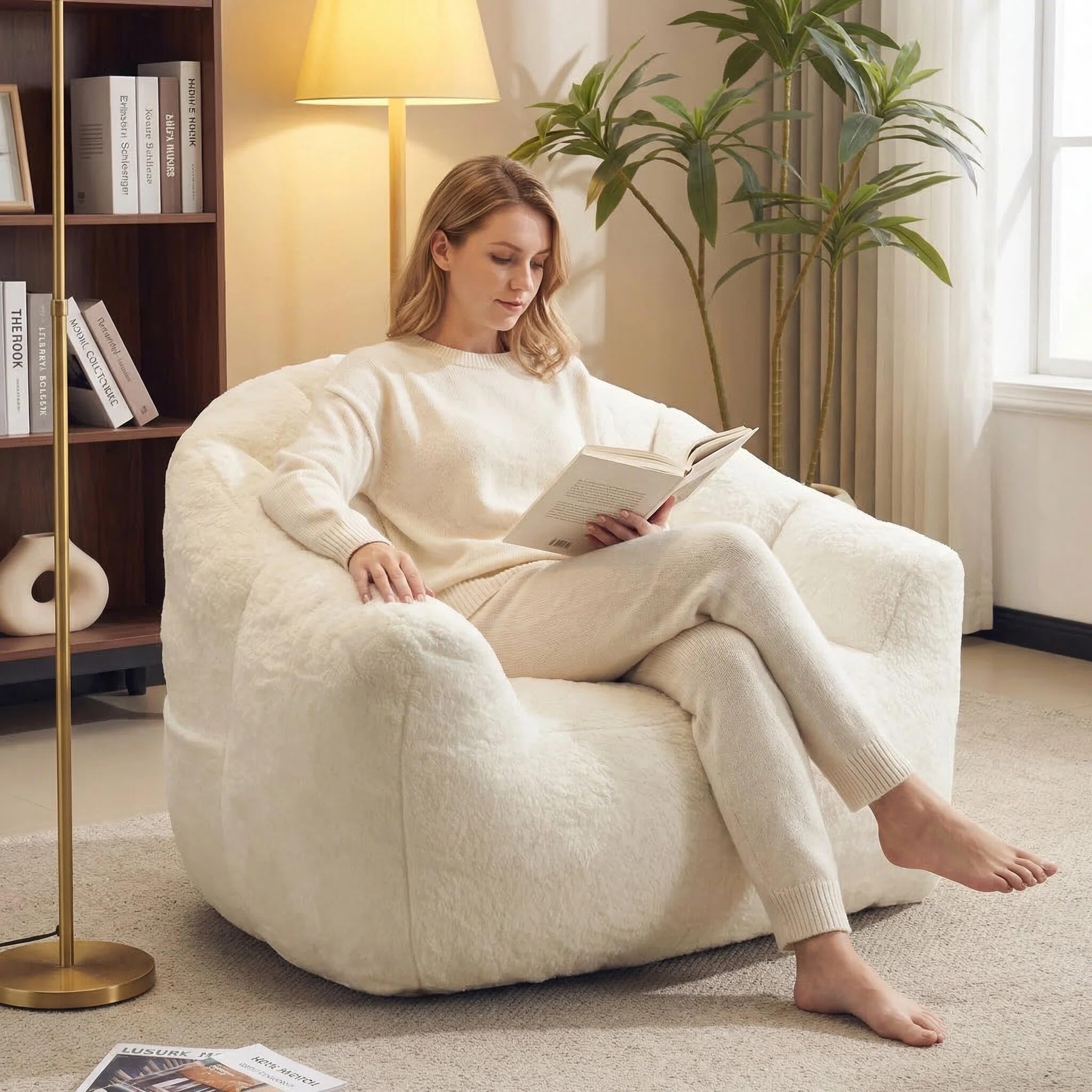 Sitzsack für Erwachsene, Flauschiger Loungesessel aus Kunstfell mit Kissen, Belastbarkeit bis 160 kg, Vakuumverpackt & ohne Montage, für Wohnzimmer, Schlafzimmer, Balkon, Weiß