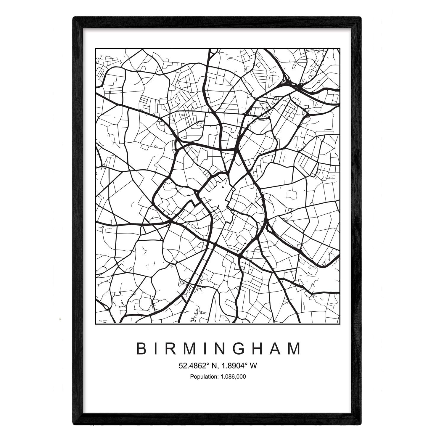 NacnicPoster City Map of Birmingham city | Minimal Nordic style in black and white | Print of city map in Europe | A3 size | Decor for room, walls, office, shops