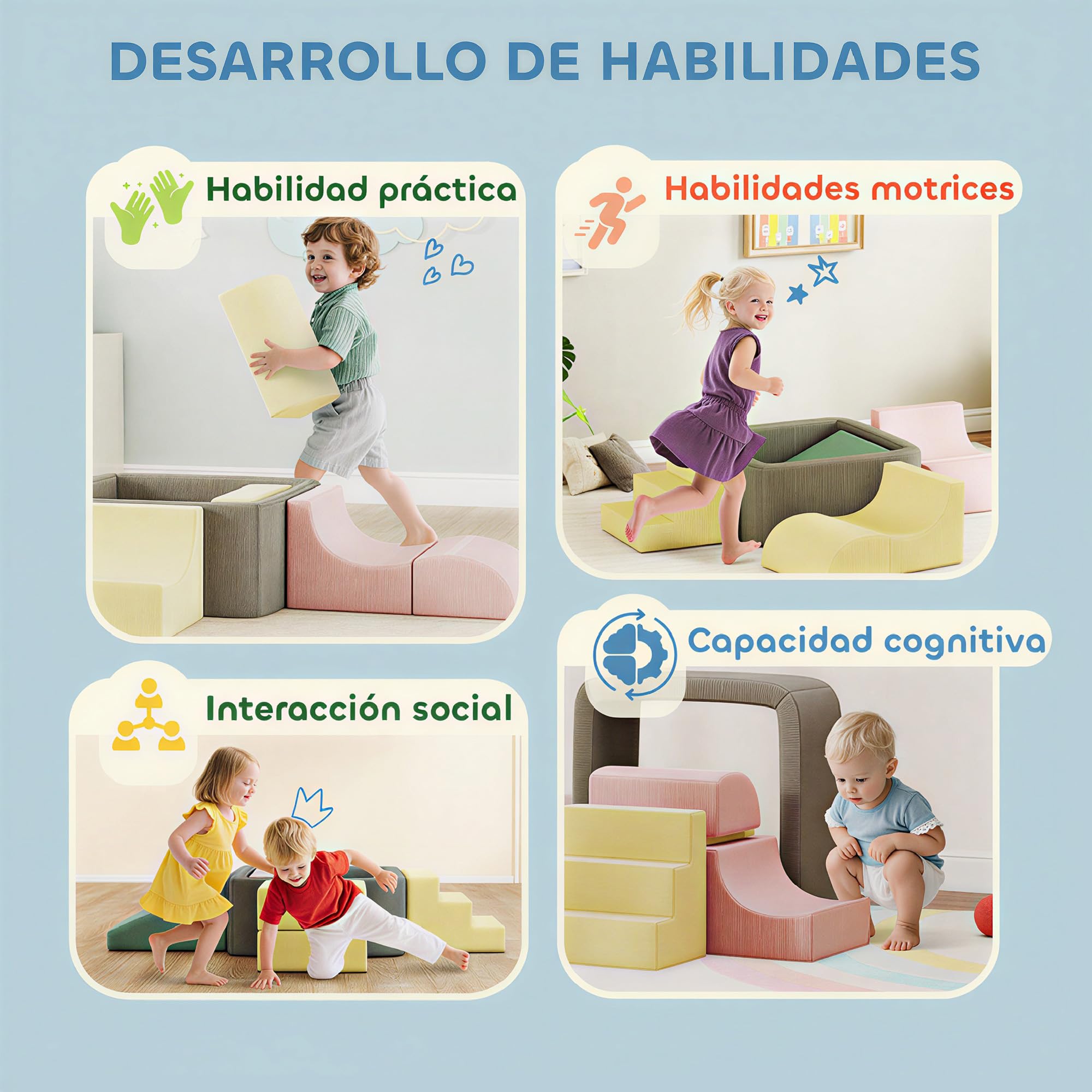 AIYAPLAY Juego de 7 Bloques de Espuma para Niños, Bloques de Psicomotricidad con Fundas de Pana Desmontables, Set de Escalada para Gatear y Escalar en Interior, Multicolor