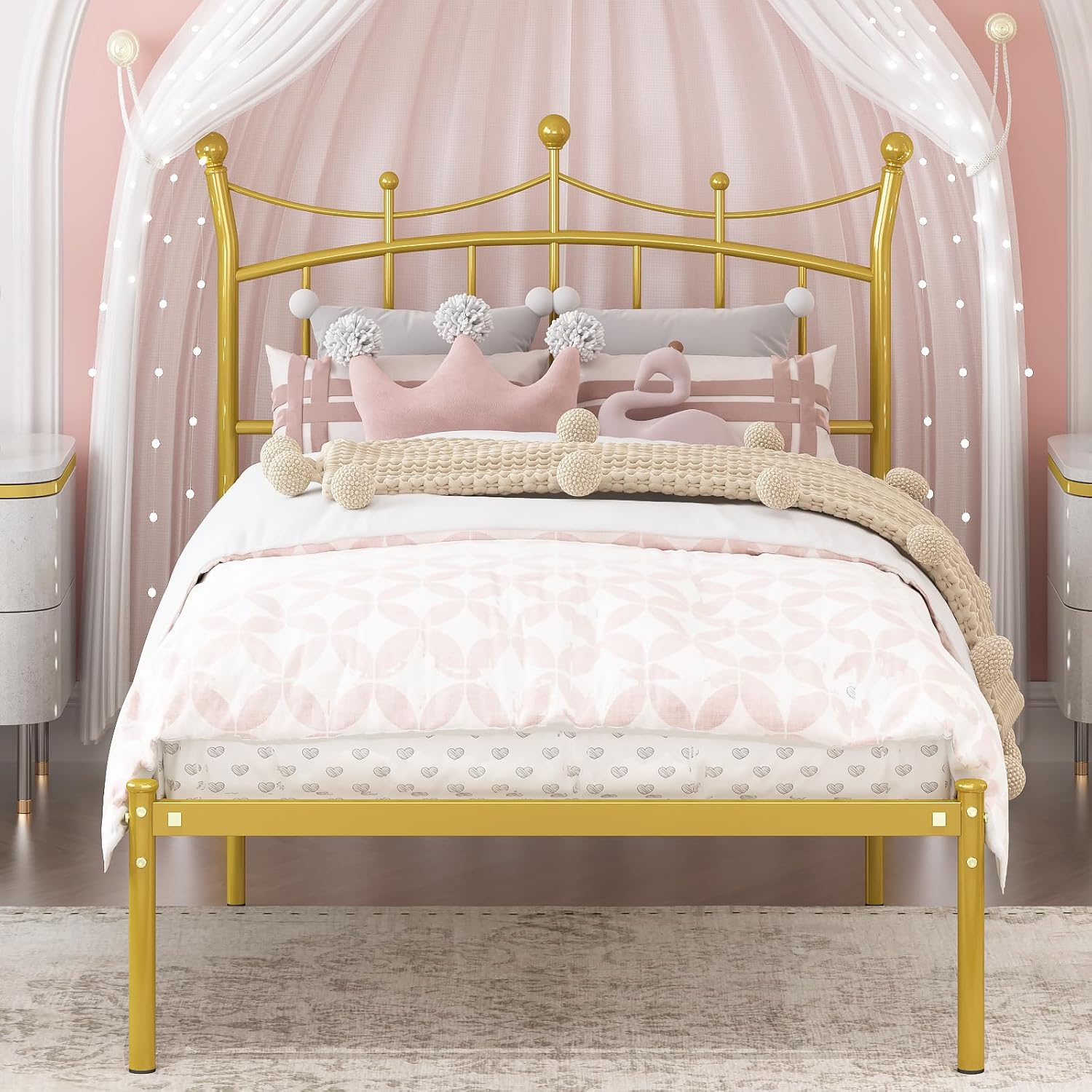 Twin Bed Frames for Kids, Twin Size Bed with Crown-Shaped Headboard Under Bed Storage No Box Spring Needed Heavy Duty Metal Platform Bed Gold Twin Gold