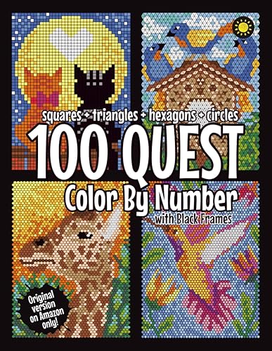 100 QUEST Color By Number: Squares + Triangles + Hexagons + Circles (BLACK backgrounds) - Paperback