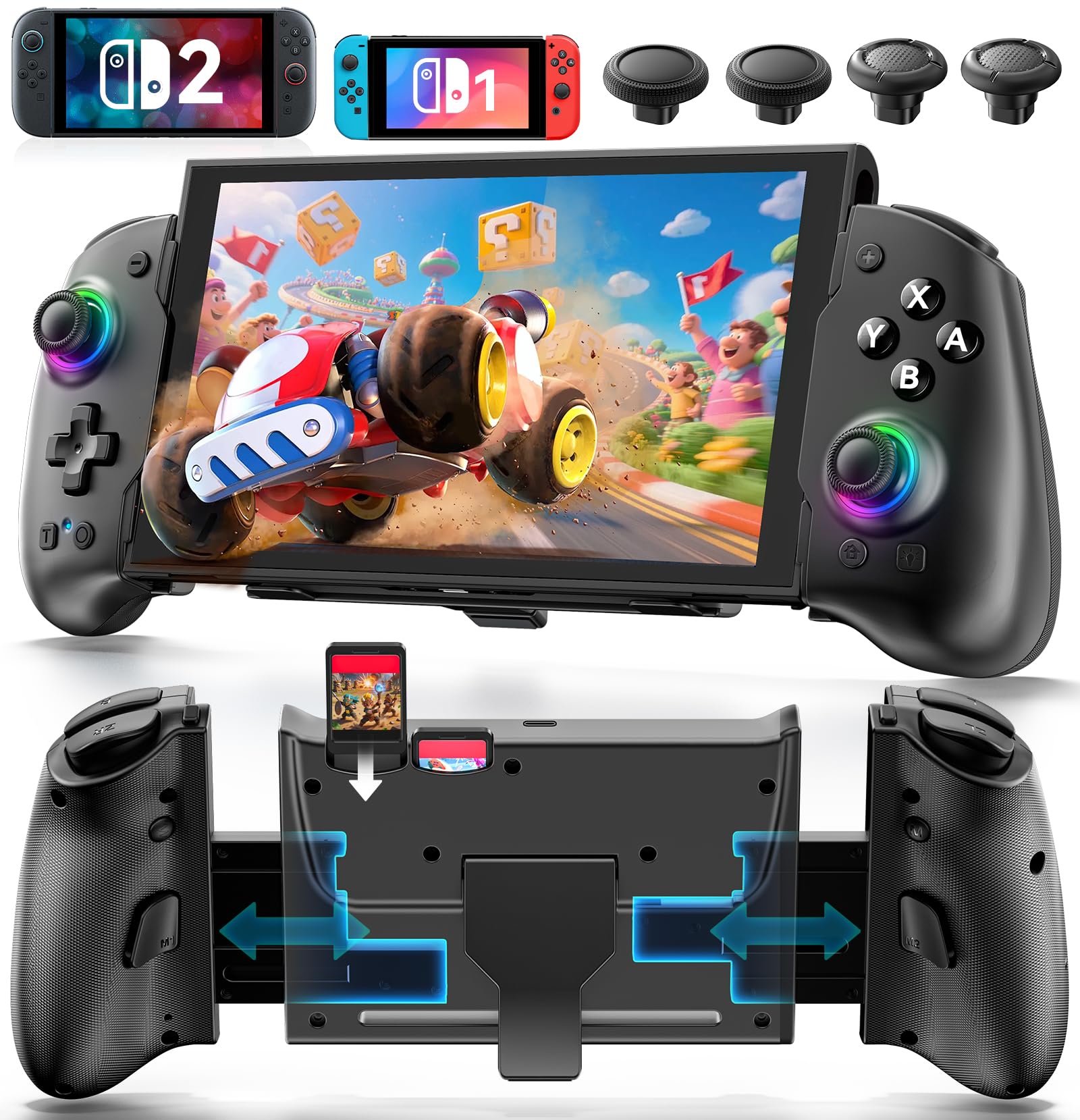 OIVO Manette Extensible Ergonomique pour Nintendo Switch 2/Switch OLED/Switch, Remplacement Joy-Con avec Turbo Auto-Feu & Macro, Double Vibration, Gyroscope 6 Axes, RGB, Poignée Portable Intégrée