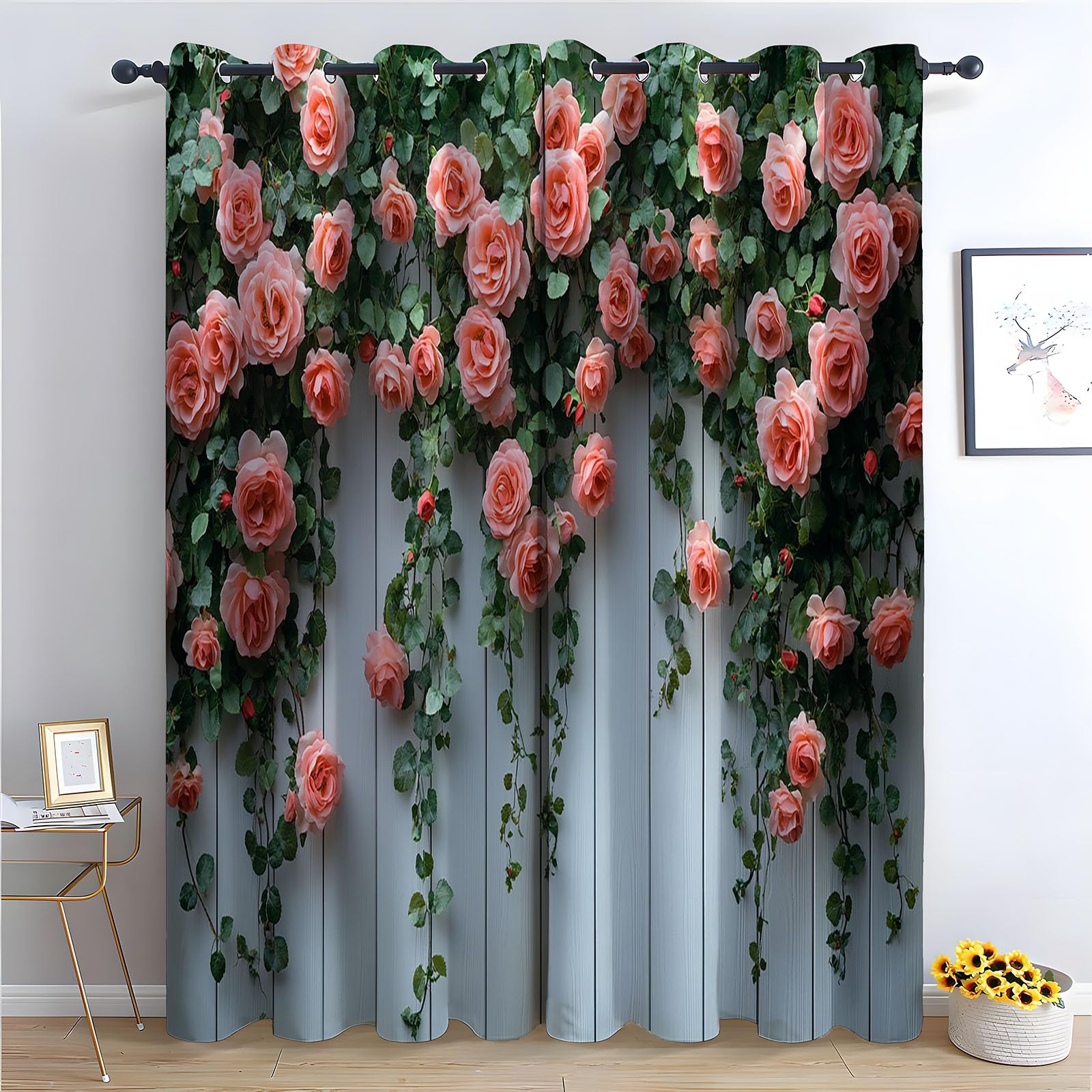 WQBQKKX Botanical Abstract Line Garden Curtains for Bedroom Ink Painting Black out Curtains Watercolor Botanical Flower Print Pattern Window Drapes for Bedroom-52 W x 96" L (Pack of 2)