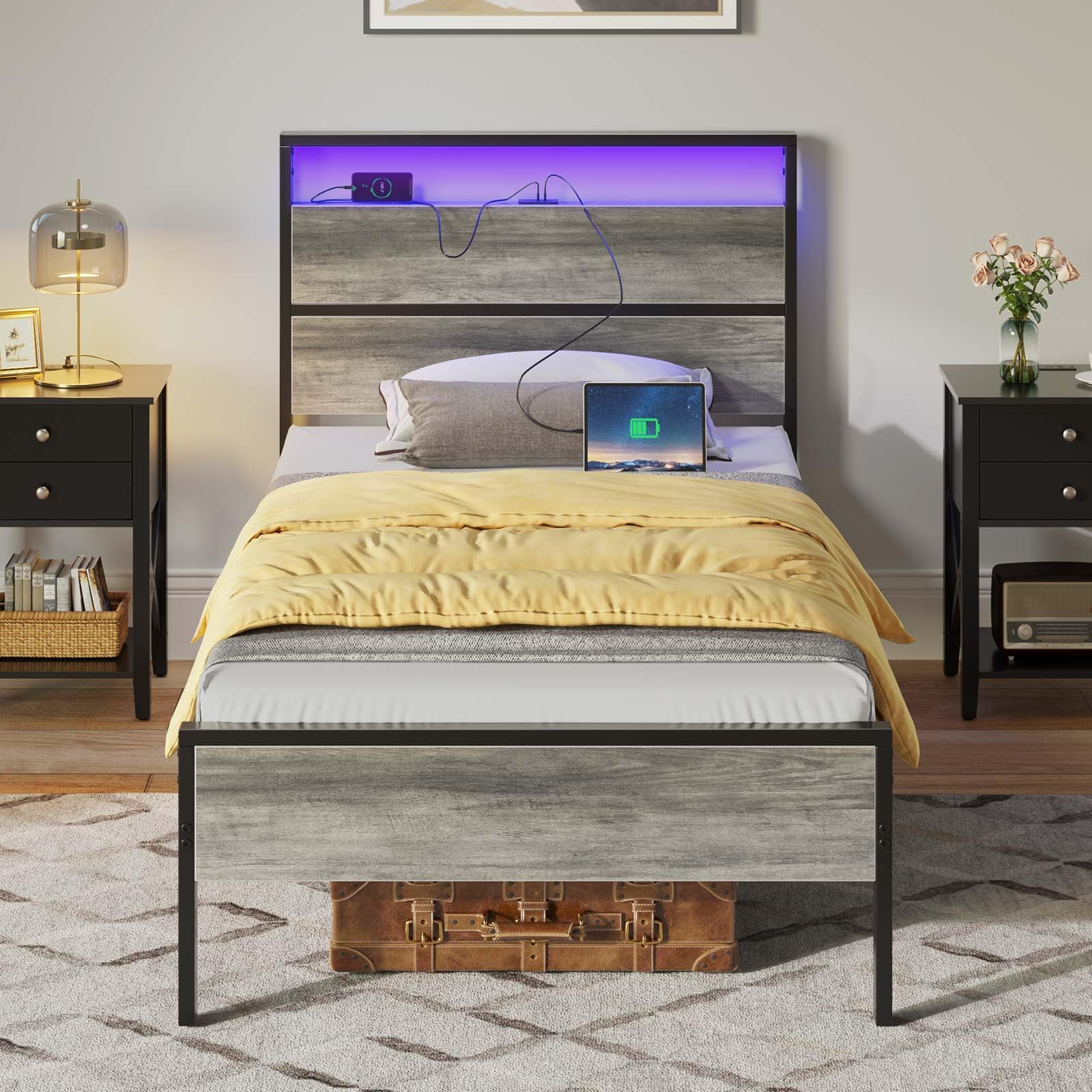 Rolanstar Twin Bed Frames with Headboard, Twin Bed with LED Lights, Camas Twin Size Bed with Charging Station, Solid Metal Slats, Noise Free, No Box Spring Needed, Grey