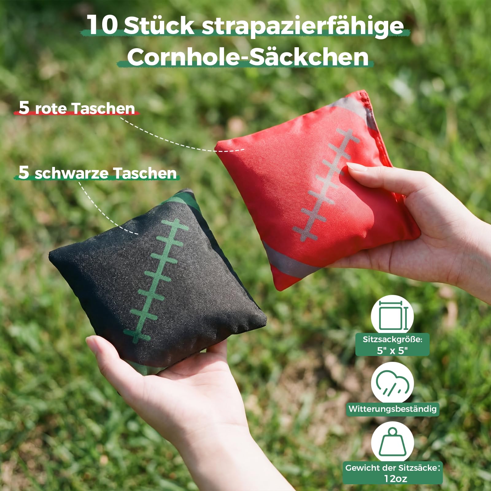 Cornhole Set Outdoor, 90x60cm or 120x60cm Echtholz Wurfspiel – Bean Bag Game mit 10 Säckchen & Tasche – Professionelles Sackloch Spiel für Erwachsene, Kinder, Garten, Strand