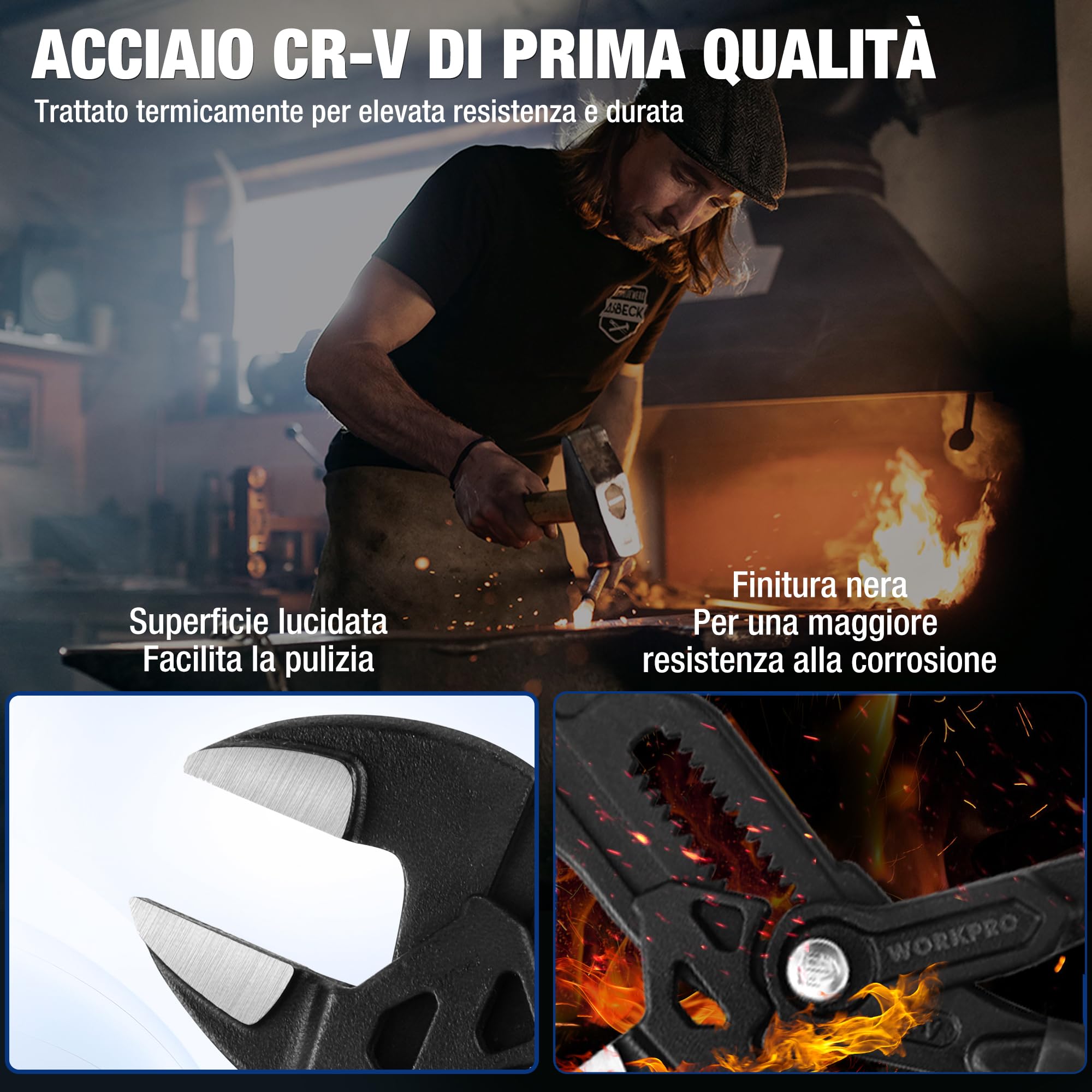WORKPRO Pinza Chiave a 2 Pezzi, 180 mm/255 mm, Set di Pinze Cr-V, Chiave Regolabile, Pinza con Ganascia Autoregolante, Apertura Massima della Ganascia 40 mm/50 mm