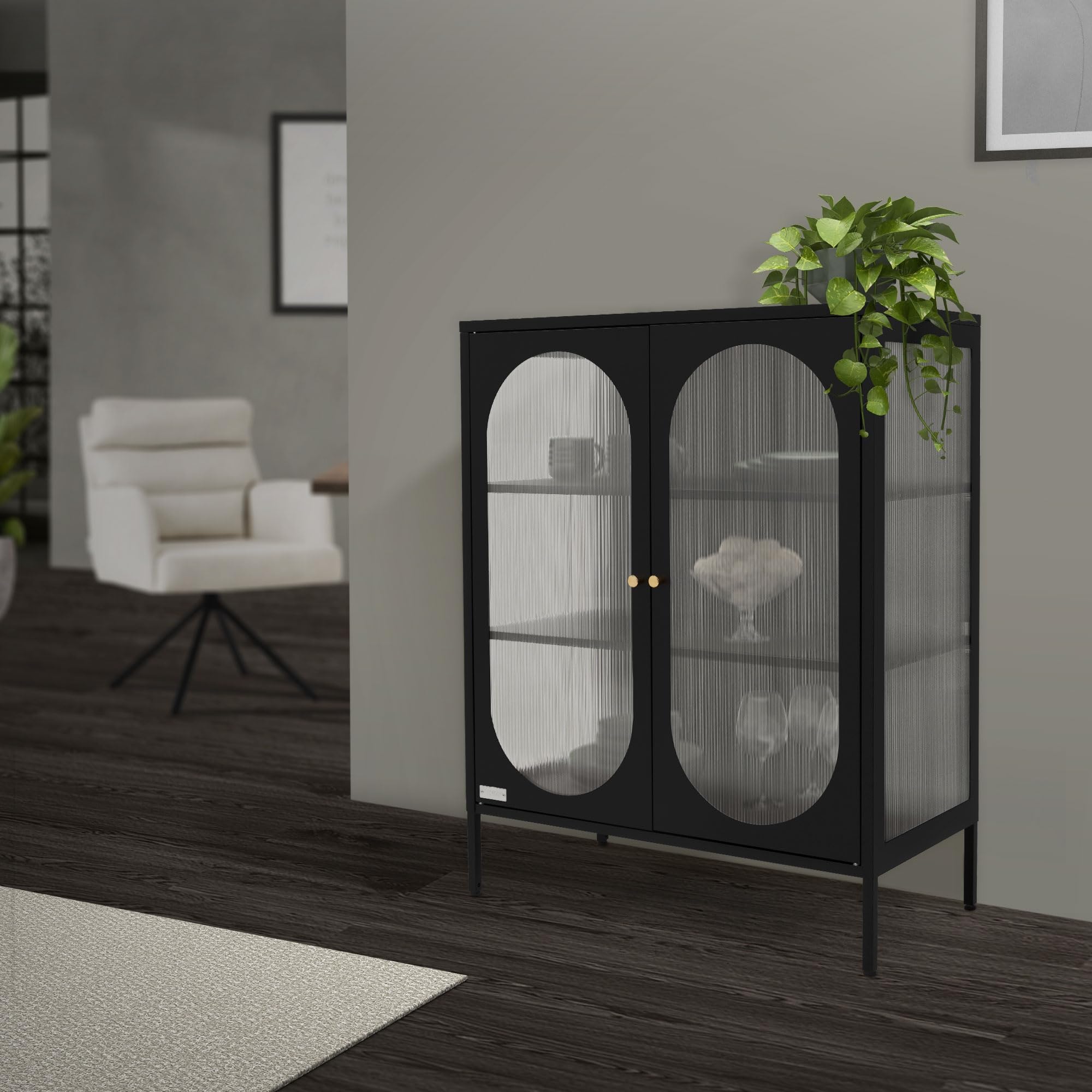 ML-Design Vetrina 80x102,5x40 cm Nero con 3 Ripiani e 2 Ante Mobile da Soggiorno in Metallo Vetrinetta in Acciaio Stile Industriale Cassettiera Libreria Schedario da Terra Credenza