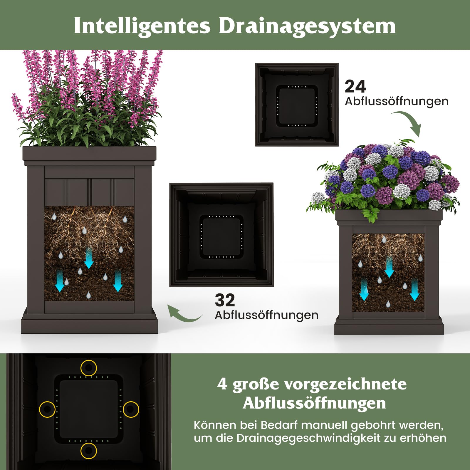 COSTWAY 2 er Pflanzkübel Quadratisch, 48/31,5 cm hoch, Pflanzgefäße wetterfest stapelbar, Blumentöpfe mit Entwässerungslöchern, PP Kunststoff, Übertopf für Garten Terrasse Hinterhof Balkon, Braun