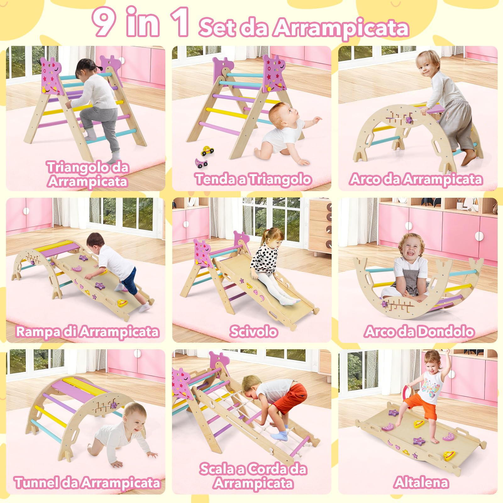 RELAX4LIFE Set da Arrampicata per Bambini, Triangolo di Arrampicata con Scivolo e Arco, Gioco di Incastri in Legno, Gioco Montessori per Bambini 1+ Anni (Unicorno-4 Pezzi | Macaron)