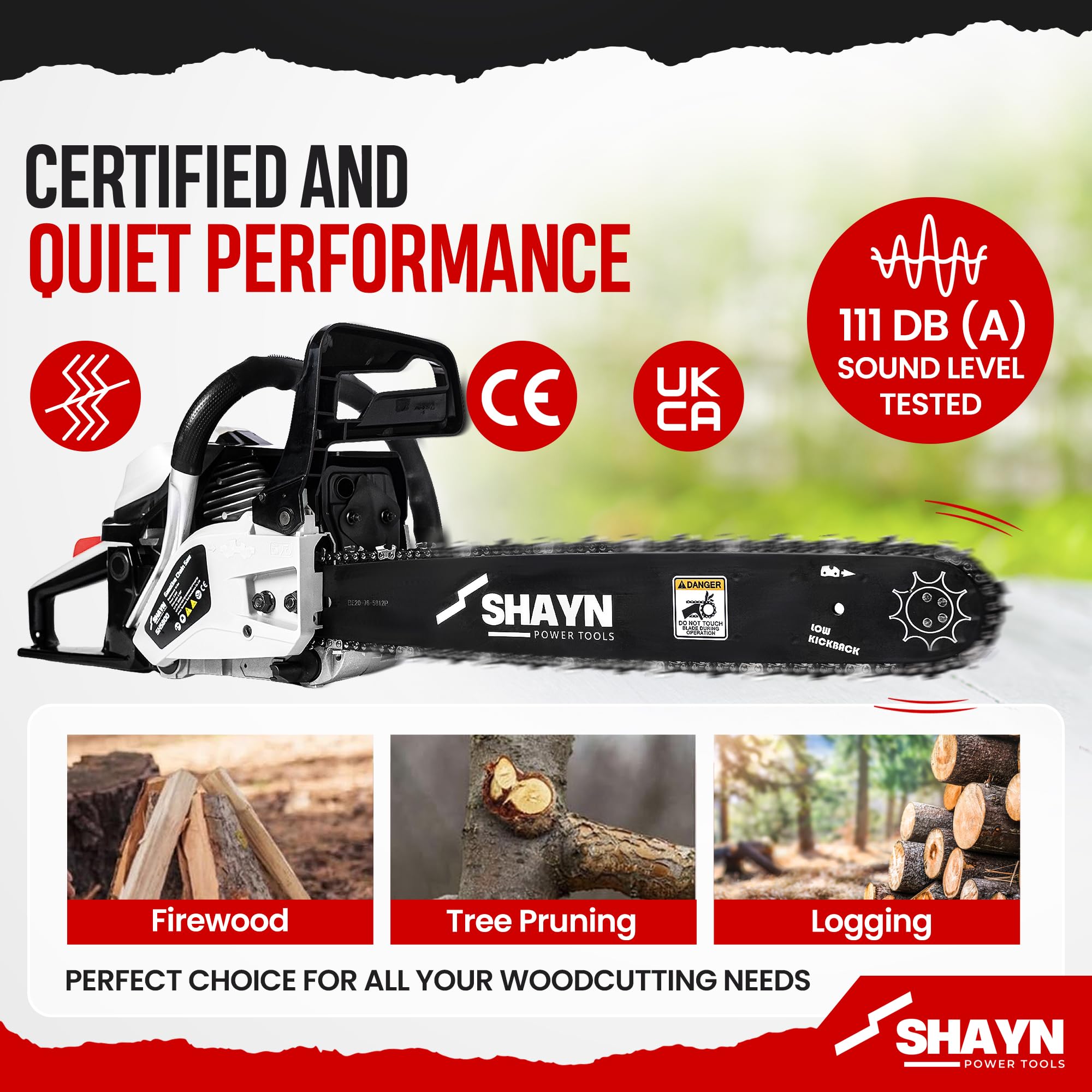 SHAYN Benzynowa piła łańcuchowa 58 cm³, 2-suwowa piła łańcuchowa z górnym uchwytem z drążkiem 50 cm, 3 zapasowe łańcuchy, antywibracyjne, ciche, automatyczne olejowanie, zestaw narzędzi i torba